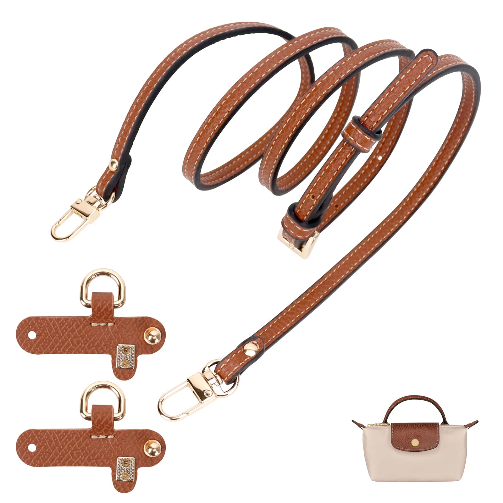 dadop Strap Kit Compatible with Longchamp Mini Bags - Leather Adjustable Purse Straps for Women's Mini Shoulder Bag, Brown, 10 cm x 15 cm x 1.8 cm-image-2