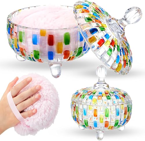 Tioncy 2 Pcs Extra Large Dusting Powder Puff and Container Body Powder Puff and Container for Women Powder Container with 6'' Puff Powder Puff Crystal Container Soft Washable Reusable Velour Face