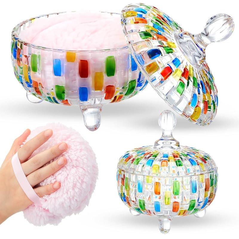 Tioncy Conjunto com 2 itens para pó com porta-pó de vidro de 15,24 cm, multicolorido, design trançado