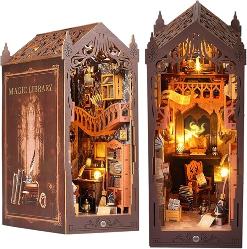 Miniatura 35 de Kit de rincón de libros, kit en miniatura de casa de muñecas, decoración de inserción de estantería, rompecabezas de madera 3D, kit en miniatura