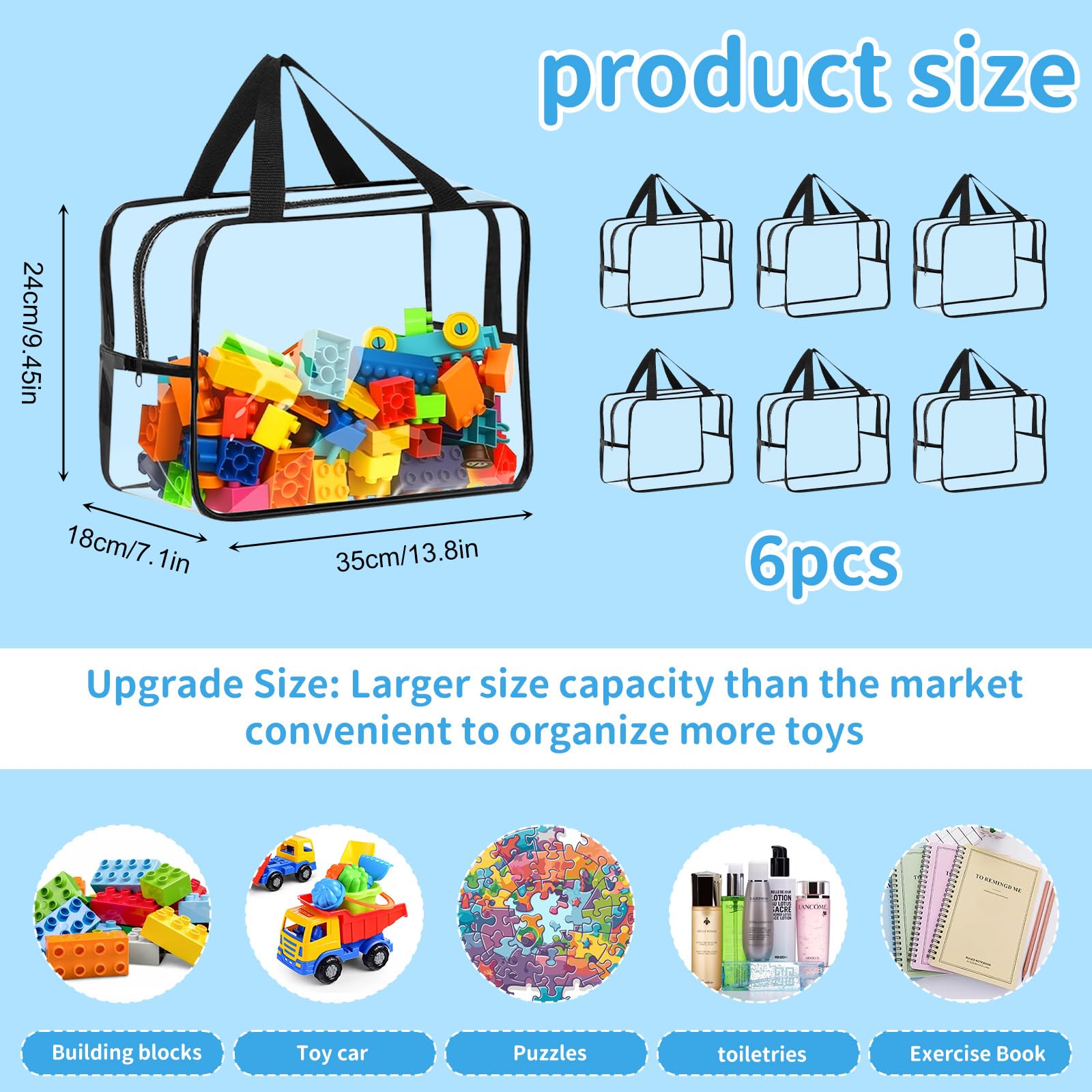 6 Sacchetti portaoggetti per giocattoli 35 x 18 x 24 cm Sacchetto portaoggetti con cerniera, PVC trasparente impermeabile per puzzle, mattoncini, libri