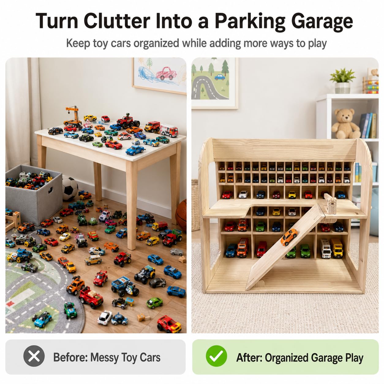 Garage per auto giocattolo in legno, garage in legno di pino con rampa, organizer per veicoli per bambini, scaffale espositore a più livelli per sala giochi, regalo per ragazzi e ragazze