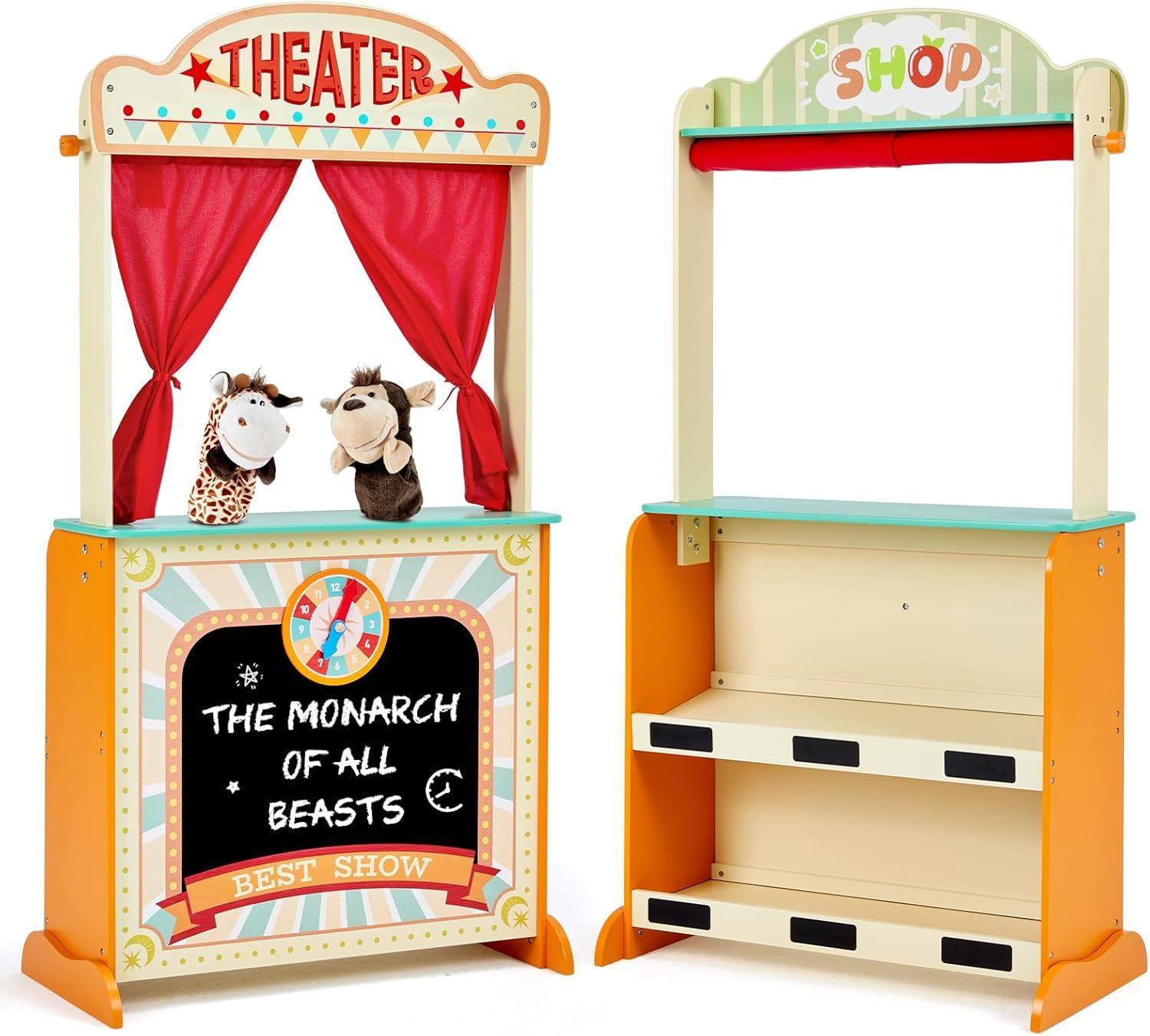 labebe - Deluxe Wooden Puppet Theater Bonus 2 Hand Puppet, ?2-in-1 Clock Theater Reversible Play Store, Double-Sided Lemonade Stand, Puppet Show Theater Toy with Chalkboard for Kids 36M+