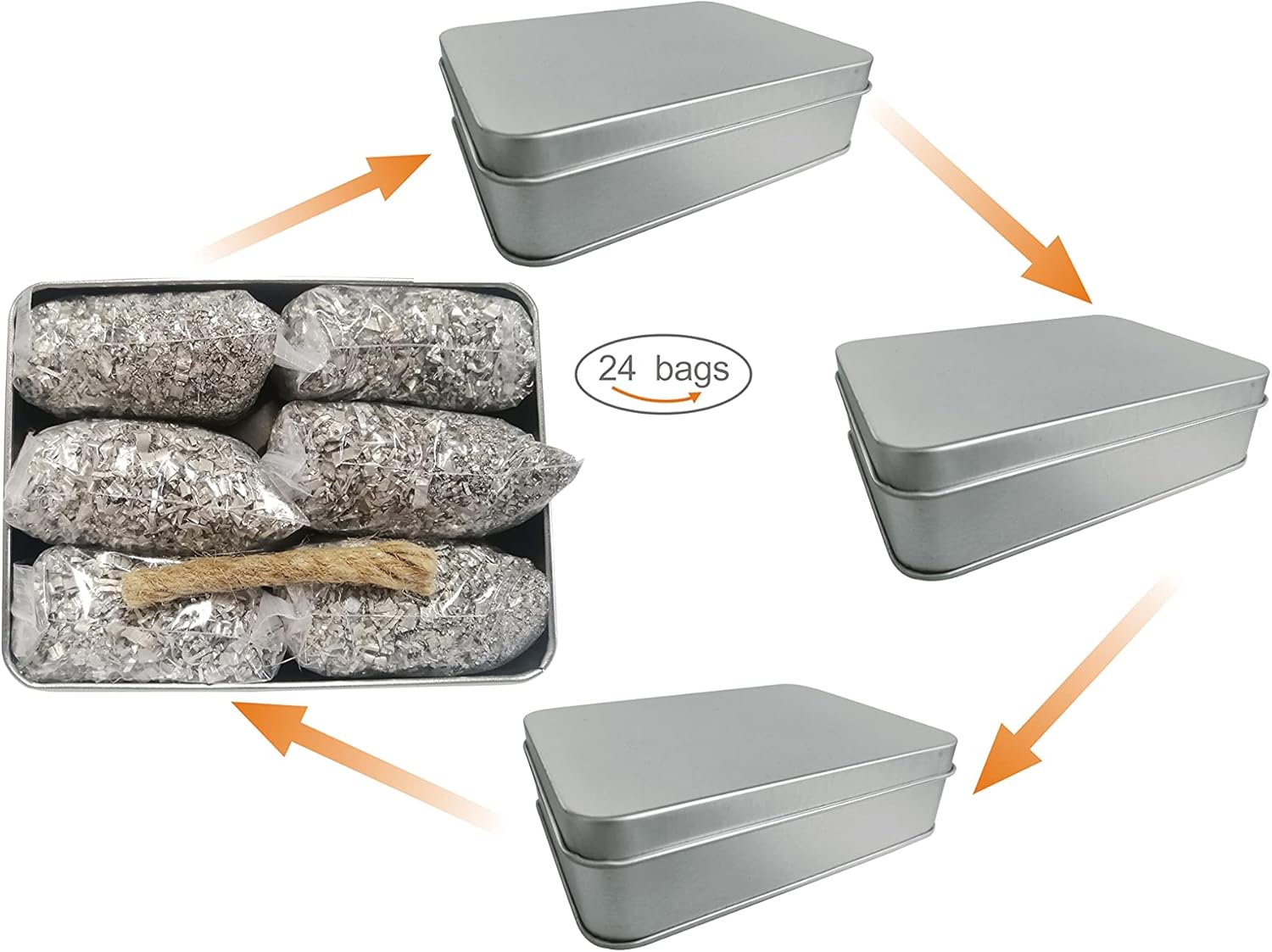 24 Bags Magnesium Fire Starter with Thick Wax Infused Jute Rope, 4 Metal Tins for Camping & Hiking (24 Bags + 1 x Wax Rope Tin Can)