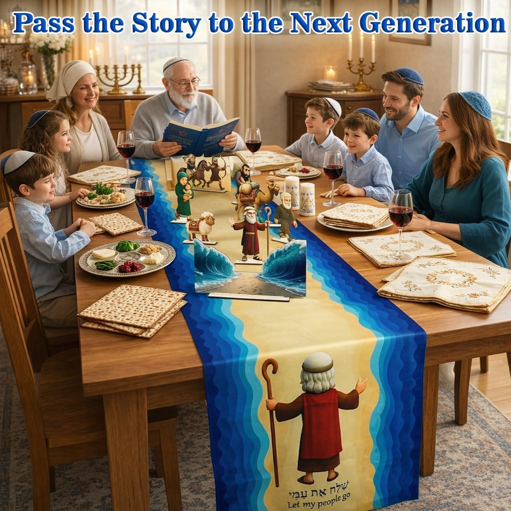Passover Decorations Set – 9PCS Double-Sided Wooden Passover Figurines with Thick Base, Red Sea Scene Centerpiece & 88 Inch Thickened Table Runner, Passover Seder Table Decor