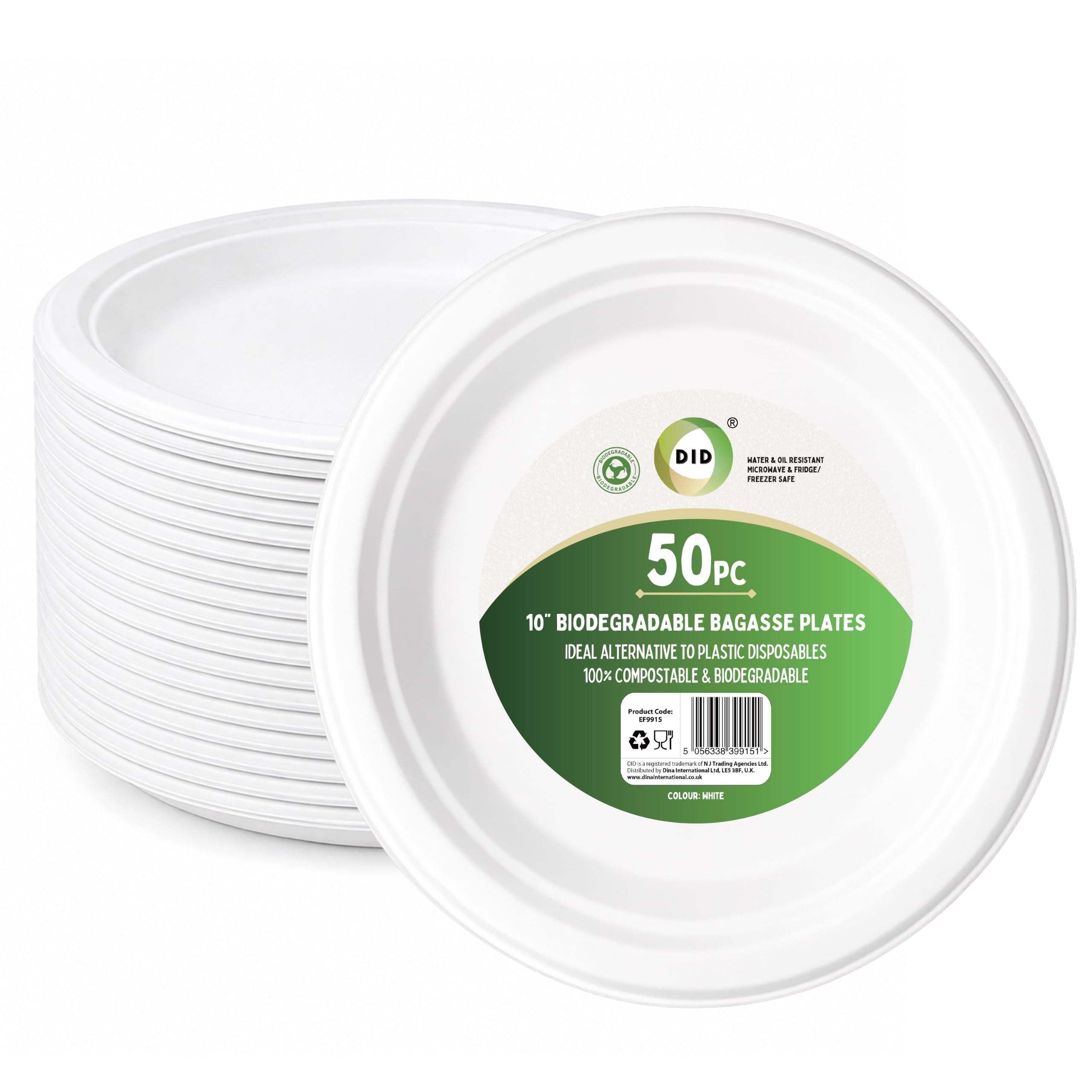 DID 10 Inch Biodegradable Bagasse Plates, White Compostable Plates, Water and Oil Resistant, Fridge and Freezer Safe Tableware for Parties, Events, Gatherings, Catering and Food Serving (Pack of 50)