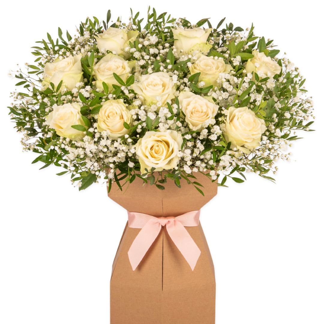 Pure Grace Dozen White Roses Fresh Flower Bouquet Delivered in Presentation Vase | 12 White Roses & Seasonal Greenery | Natural Card Vase and Pink Ribbon Ribbon | AMFL009