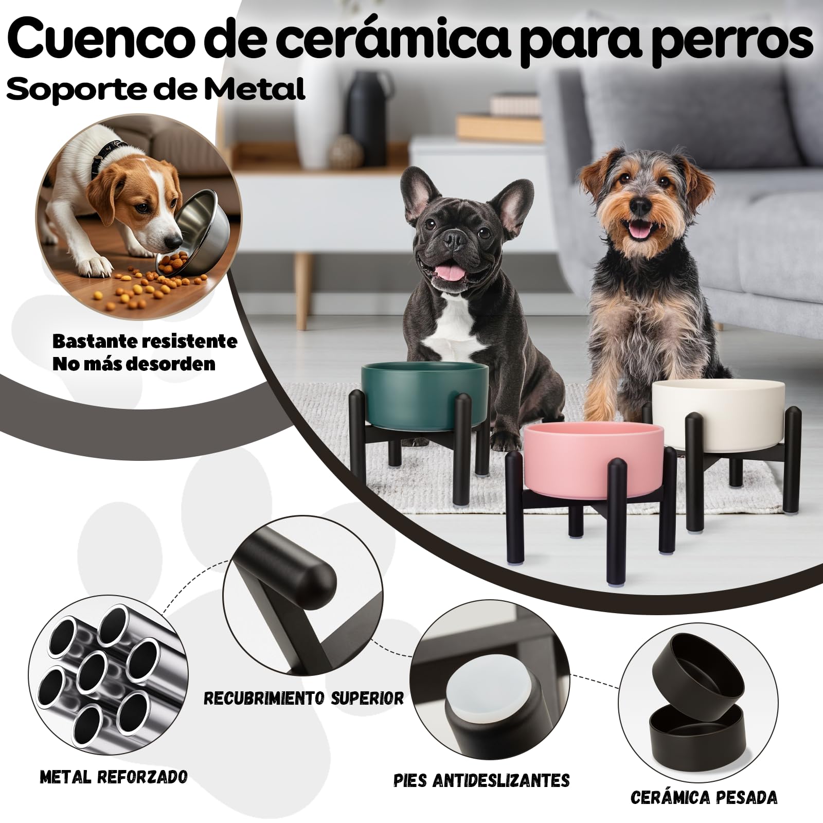 Comedero Perro Elevado de Cerámica - Cuenco para Perros Pequeños y Medianos - Plato Comida con Soporte de Acero Inoxidable - 850 ml - Gris