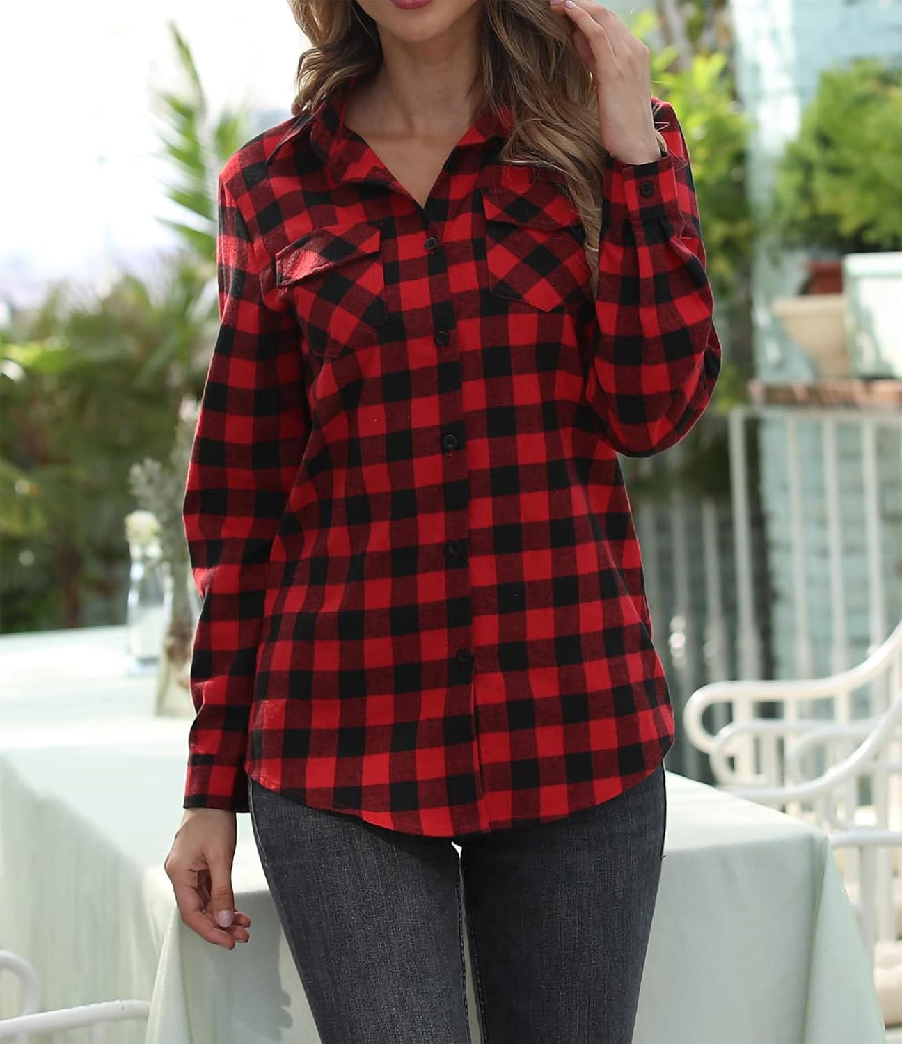 Oyamiki Womens Casual Cuffed Long Sleeve Boyfriend Button Down Plaid Flannel Shirt Tops - Image 3