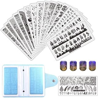 FingerAngel 16Pcs pcs Nail Stamping Kit Stamping Plates Tool Leaves Flowers Animal Image Stamp Templates Stamping Kit Nail Stamper Set with 2 Stamper + 2 Scraper + 1 Nail Plate Storage Bag V17-32