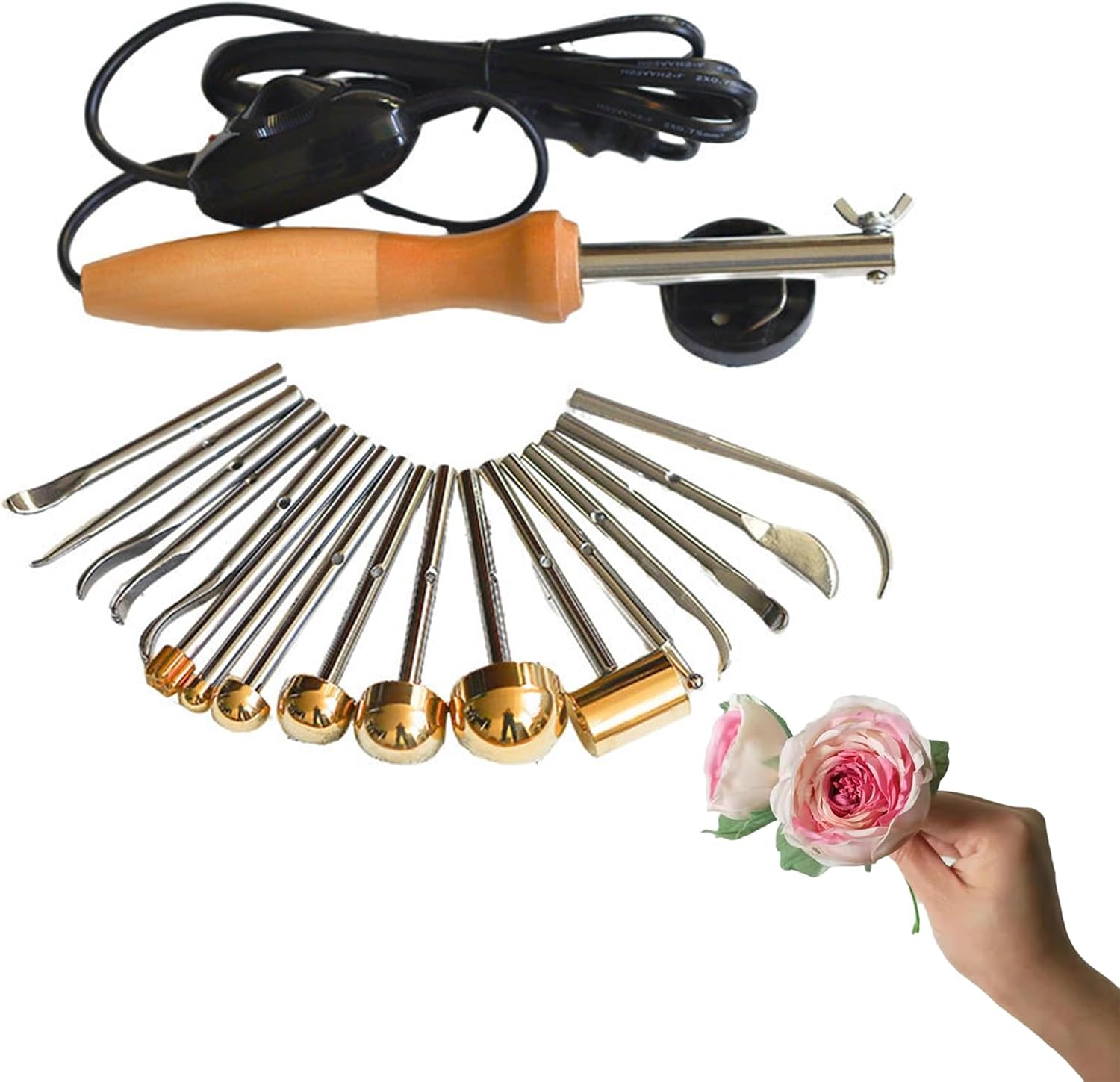 Artificial Flower Ironing Machine, DIY Cloth Fabric Fake Flower Making Tool Kit Set, Adjustable Temperature, W/17 Ironing Heads, Petal Modeling Tools Set for Silk, Wool, Linen, Flannel
