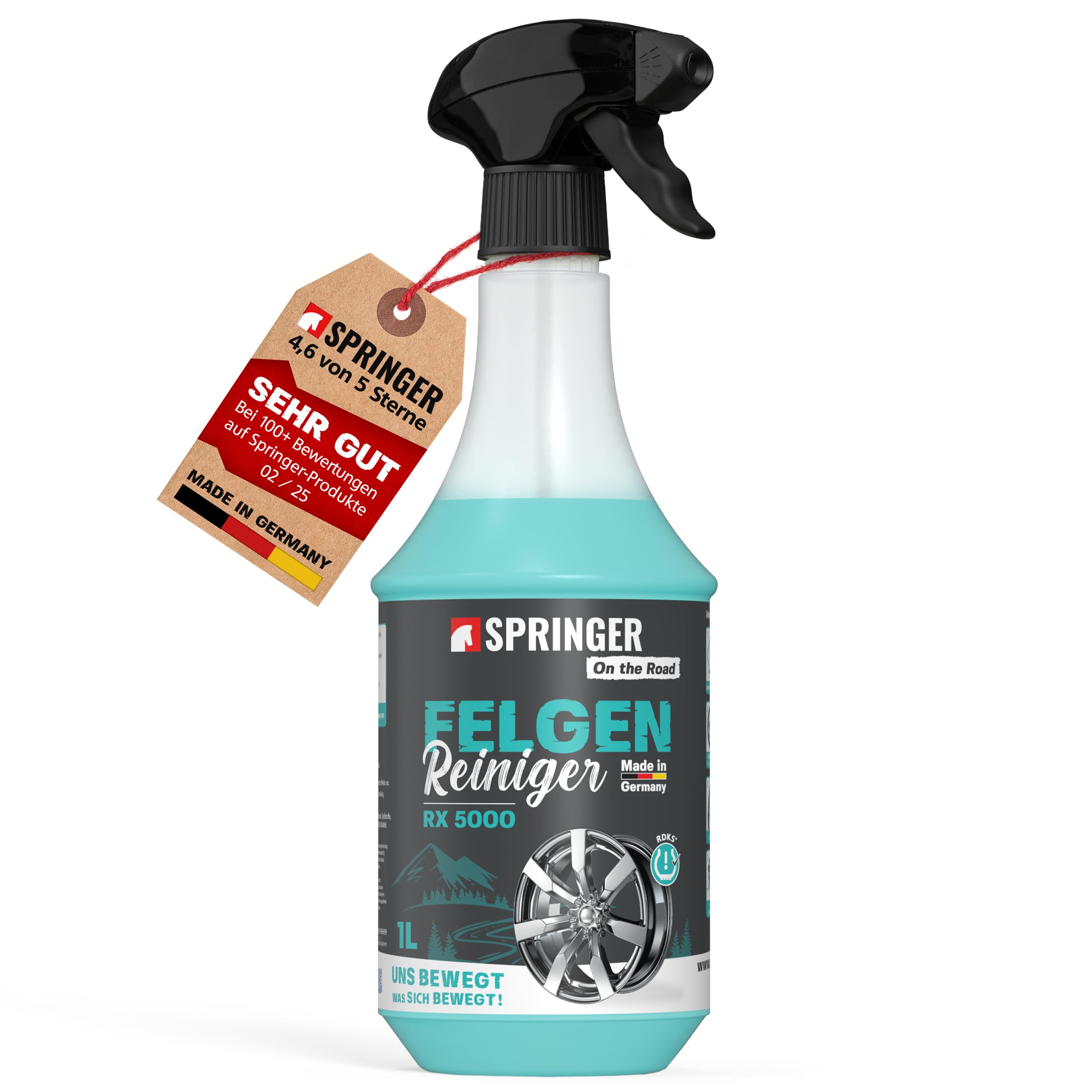 SPRINGER RX5000 - - Felgenreiniger 1L - - Made in Germany - - Reiniger für alle Felgen z.B. Alufelgen - - Mit Wirkindikator - - Felgenspray säurefrei & materialschonend - - Gut haftende Gel Formel