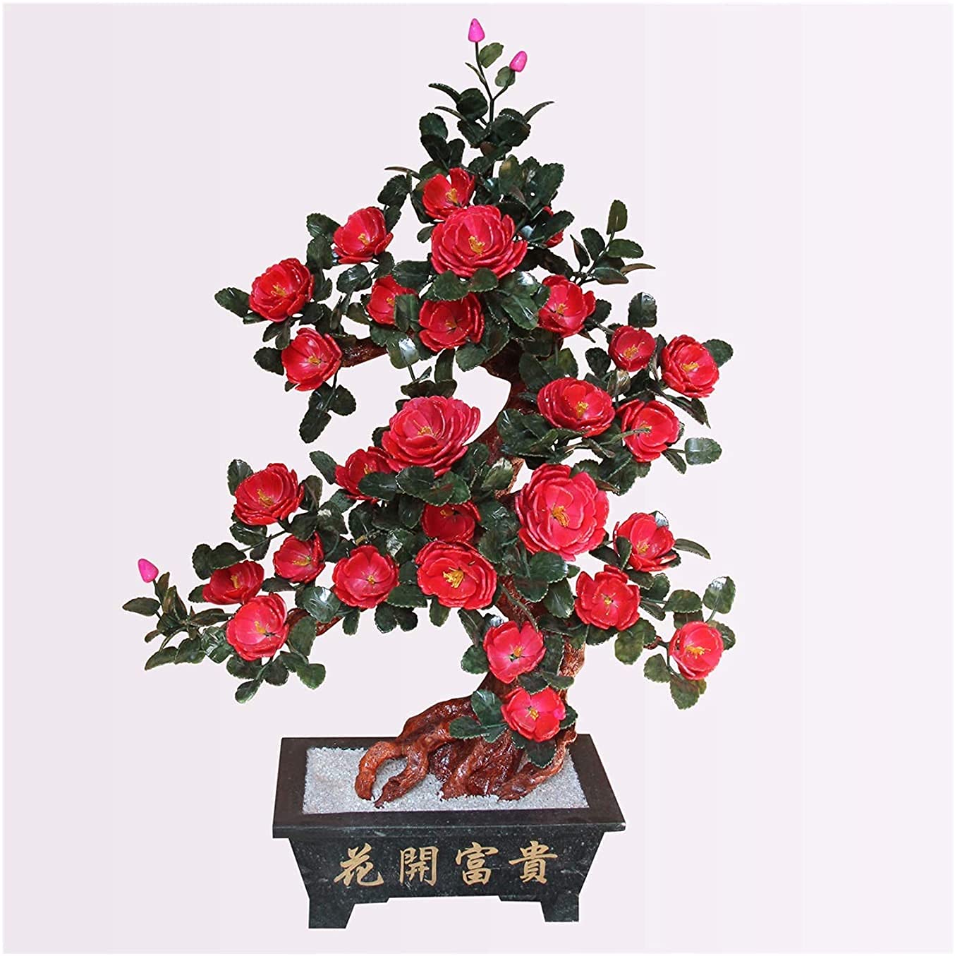 CAFIEDR Artificial Plant Bonsai Tree Simulation Potted Plant Desktop Display Peony Flower Jade Carving New Chinese Crafts.