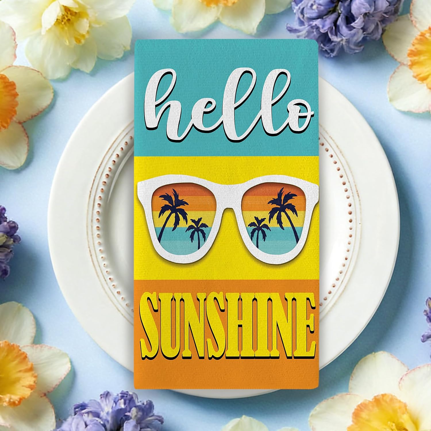Spring Summer Hello Sunshine Sunglasses Kitchen Dish Towels Set of 2, Here Comes The Sun Drying Hand Towel Baking Cooking Cloth, Tropical Hawaii Palm Tree Bathroom Home Decoration 18''x26''