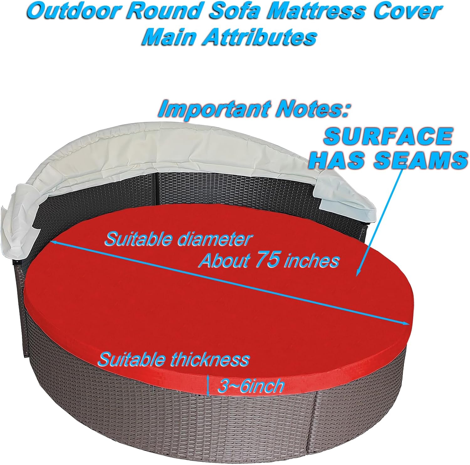 Round Outdoor Daybed Cushion Cover Replacement, Anti-UV Water-Resistant Patio Sunbed Cover with Elastic Band, Spliced Design for Sun Bed Accessories (Cover Only) (Red, 75" * 75")