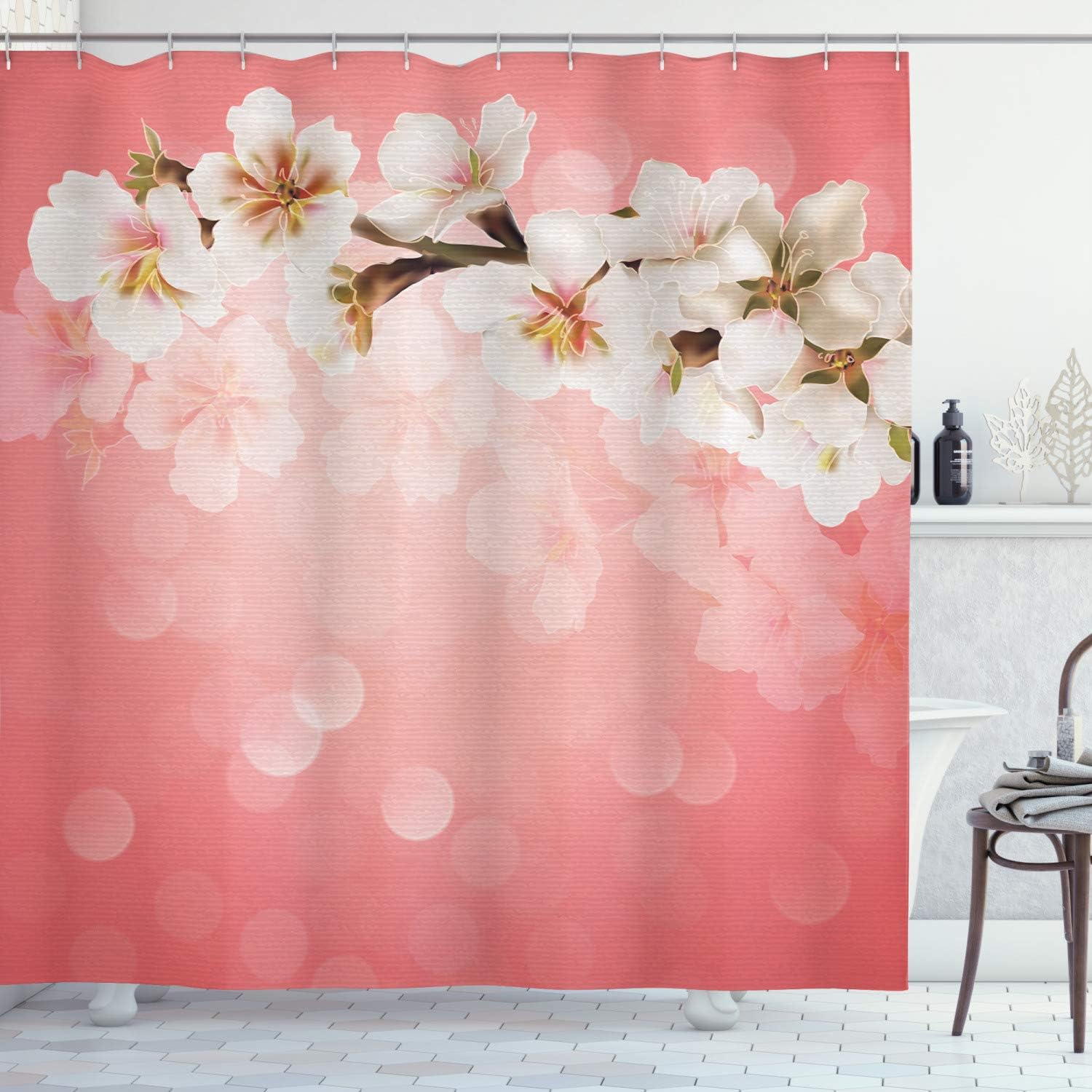 Ambesonne Coral Shower Curtain, Blossoming Tree Branch Japanese Cherry Sakura Fresh Spring Garden Romantic, Cloth Fabric Bathroom Decor Set with Hooks, 69" W x 70" L, Coral Green White