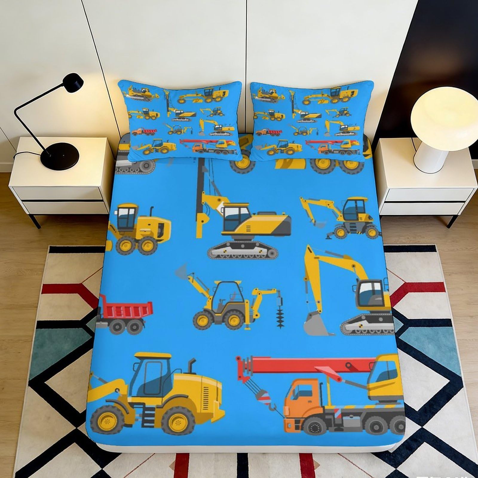Jqzkxnhpbr Style-9 3D Printed Construction Truck Fitted Sheet Microfiber Soft Blue Excavator Bed Cover For Bedroom Dorm Mattress Decor 90X200x25cm