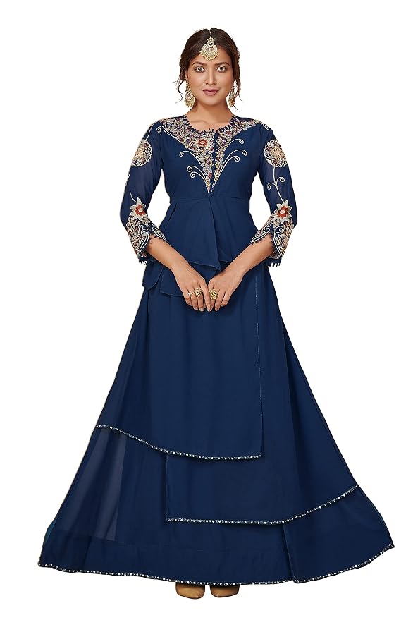 Miss Ethnik Women's Blue Faux Georgette Stitched Top With Stitched Bottom Embroidered Flared Lehenga Dress Material (Lehenga Suit) (129-Blue)