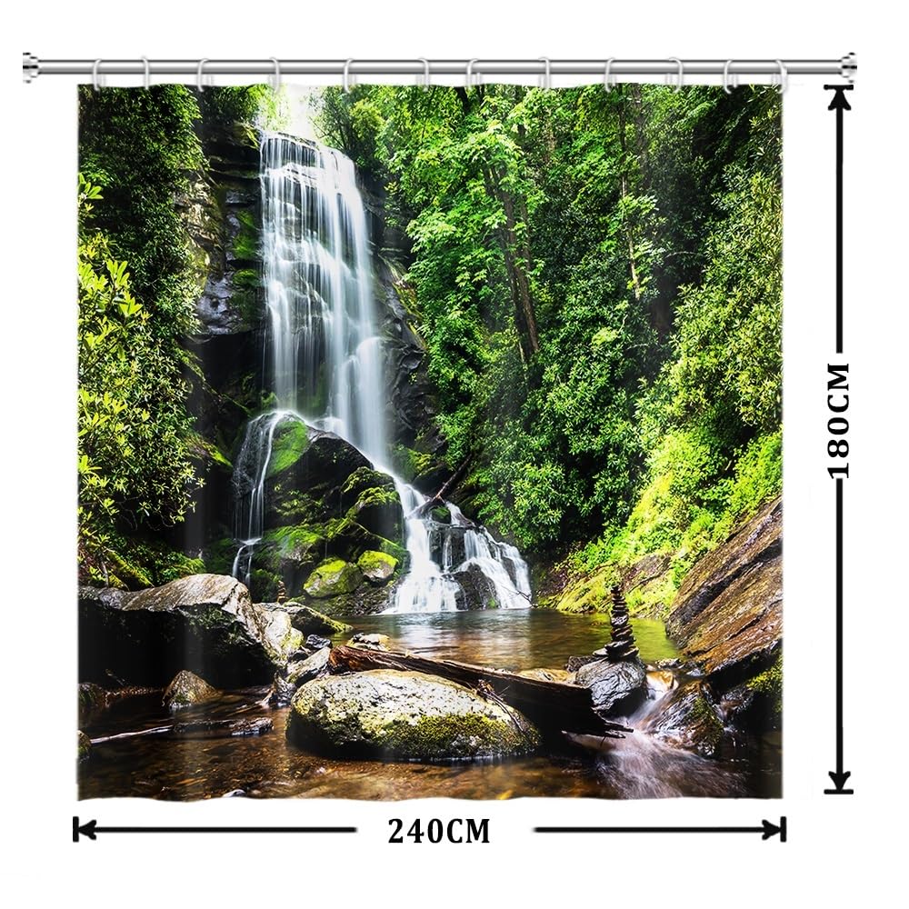 Xiaoterna Nature Shower Curtain Spring Waterfall Bathroom Curtain Tropical Jungle Green Forest Landscape Moss Stone River Washable Shower Curtain Waterproof Bathroom Home Decoration 240x180cm - Image 2
