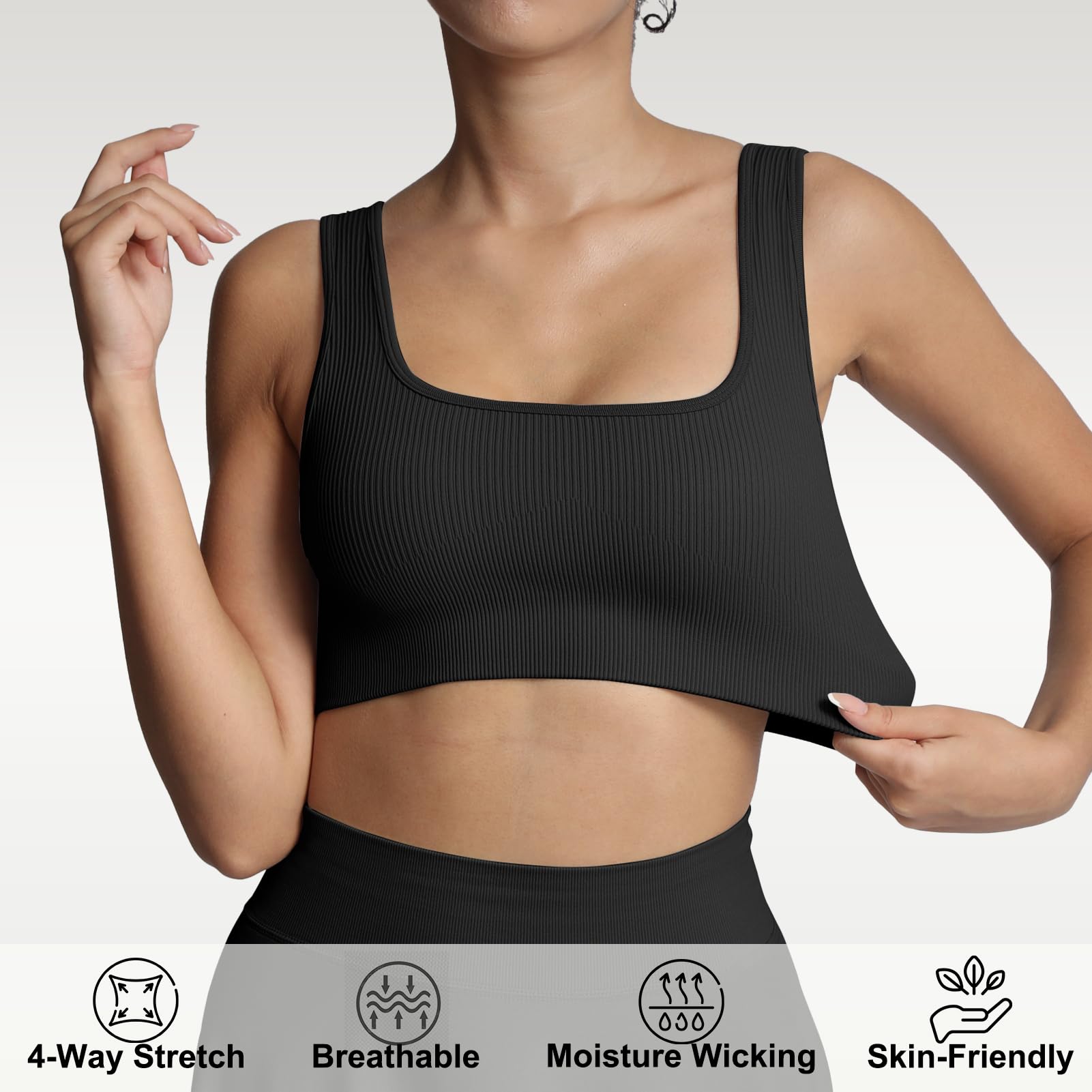 Lemef Soutien-Gorge de Sport pour Femme à col carré côtelé sans Couture Soutien Moyen débardeur d'entraînement sans Rembourrage