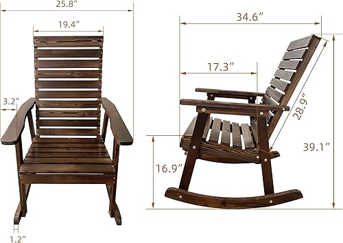 Miniatura 3 de Mega Casa Mecedora de madera con respaldo alto y asiento contorneado, madera de abeto maciza, resistente 600 libras, para exteriores e interiores,