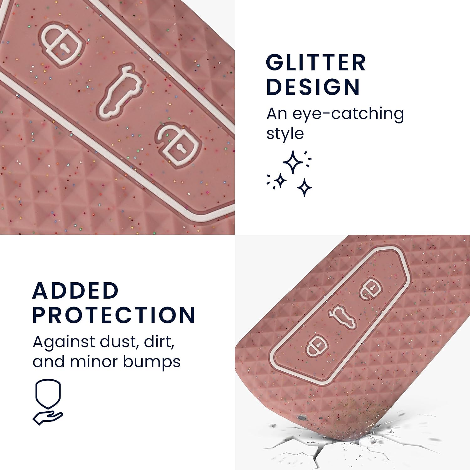 kwmobile Key Cover Compatible with VW Golf 8 3 Button Car Key Key Cover - Silicone Glitter Fob Case - Vintage Pink image 5