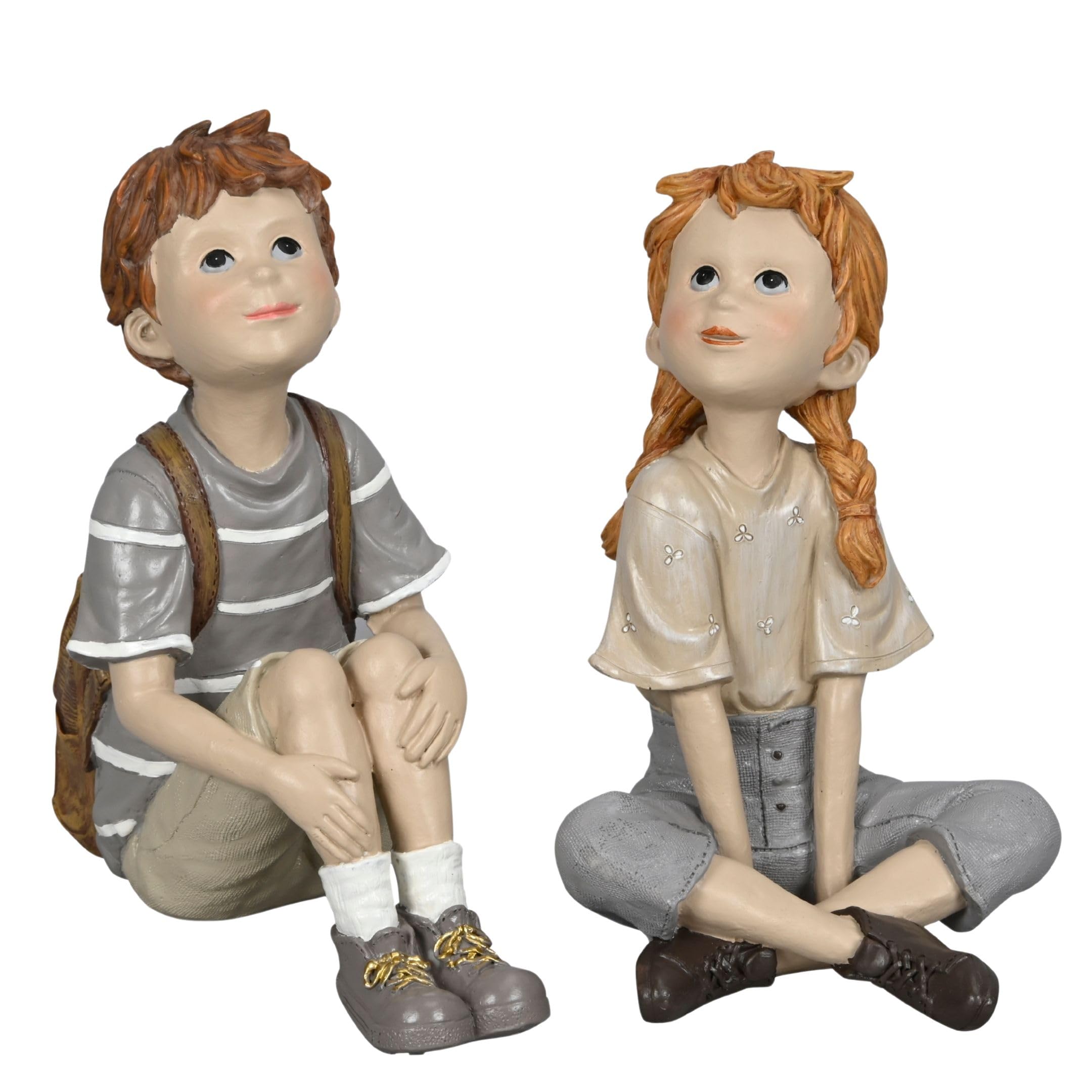 Storm's Gartenzaubereien 2er Set Dekofiguren Kinder sitzend Junge - Mädchen - Liebevolle Innendeko für Regal, Fensterbank - Vitrine - Nostalgische Geschwister Figuren aus Polyresin - Höhe bis 25cm