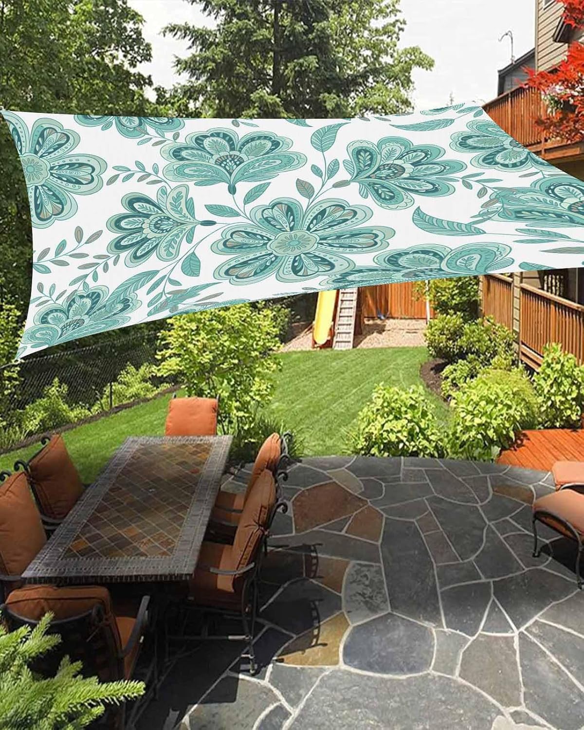 Sun Shade Sail 6.5'x10' Turquoise Paisley Floral Rectangle Sun Shade Sails Canopy Waterproof Bohemian Vintage Flower Outdoor Sunshades Sand UV Block Cover Shades for Patio Backyard Garden Lawn