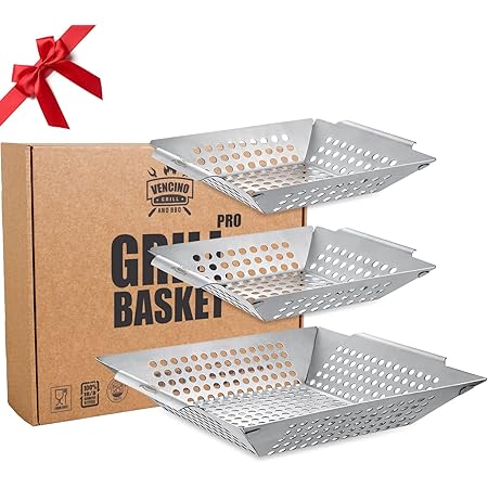3 Pack Grill Baskets for Outdoor Grill, Heavy Duty Stainless Steel Vegetable Grill Basket, Grilling Basket for Veggies, Grilling Accessories for All Grills & Smokers - Grilling Gifts for Men