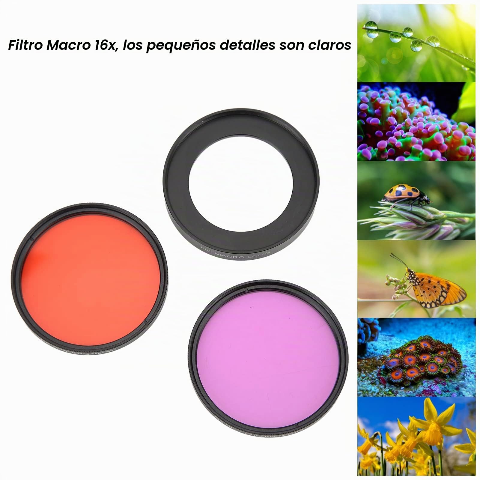 16X Kit de Filtro de Lente Macro, 58 Mm HD Juego de Filtros Rojo Púrpura Cámara Deportiva Filtro de Buceo Impermeable Filtros de Lente de Cámara de Movimiento de Buceo Subacuático, para Cámara Deporti
