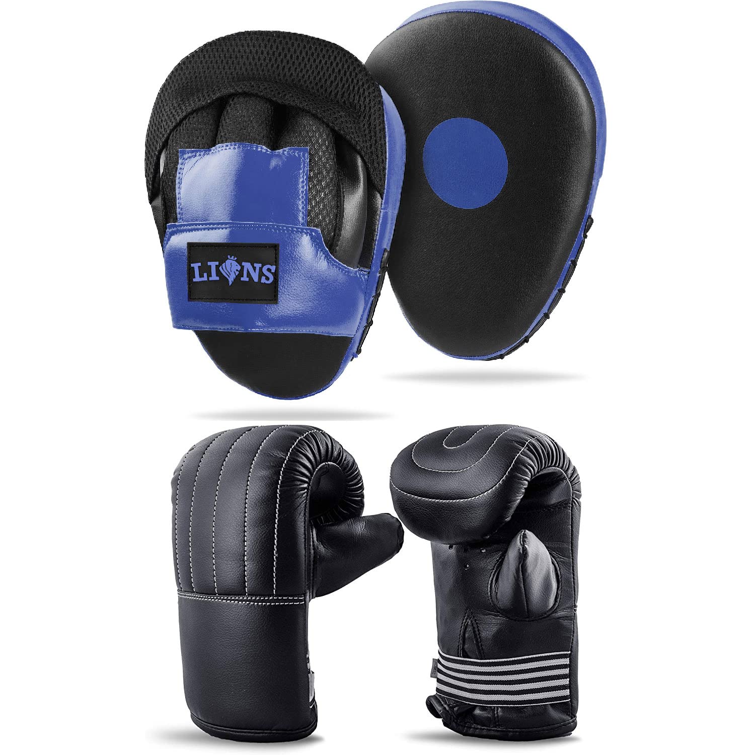 Lions Bag Mitts and Pads Set - Boxing Mma Focus Punch Bag Hook & Jabs Gloves (Plain - Blue, Senior)