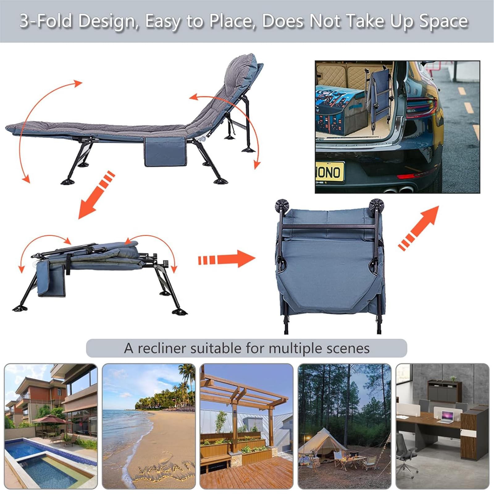 Angeln Camping Anglers Stuhl: Tragbarer Liegestuhl mit Kissen, Outdoor-Schlafbett, Reise-Büro, Seitentasche und verstellbare Rückenlehne, 6 Nivellierfüße, grau, 210 x 67 x 38 cm