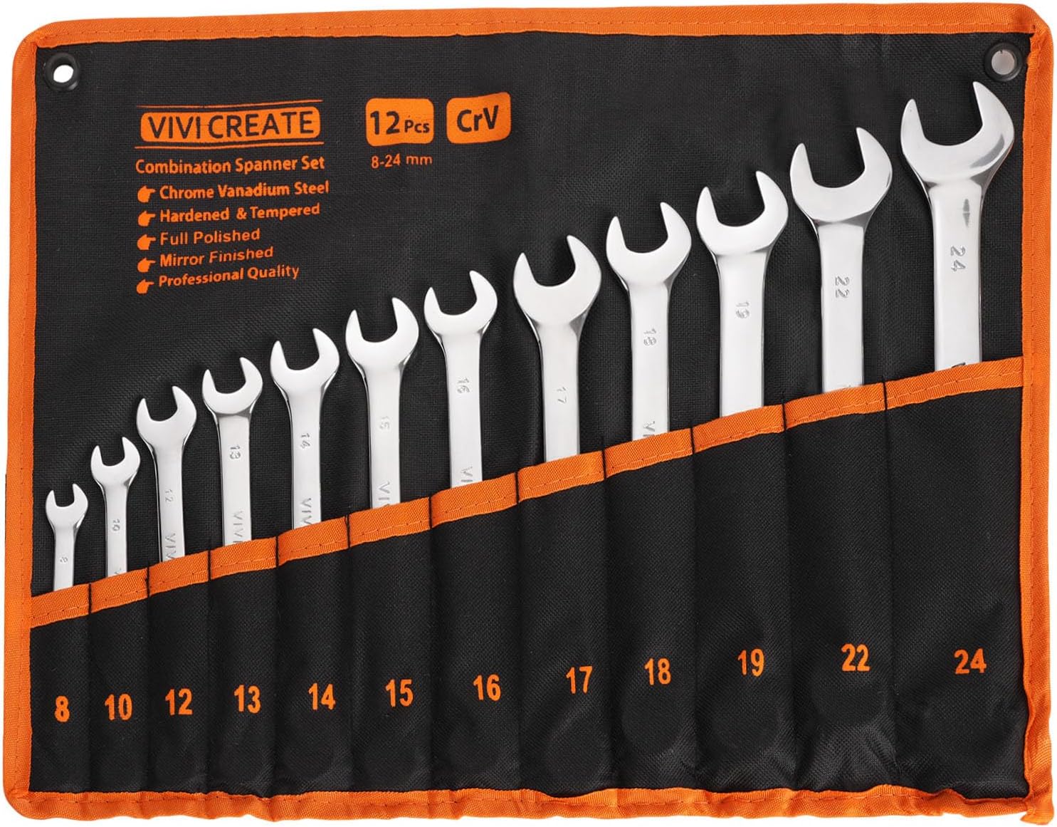 vivicreate 12-Piece Wrench Set, Metric Wrench Set 8mm-24mm, Combination Wrench Sets with Oxford Cloth Storage Bag for Home, Garage, Automotive Repair and Emergency Use - Made in India