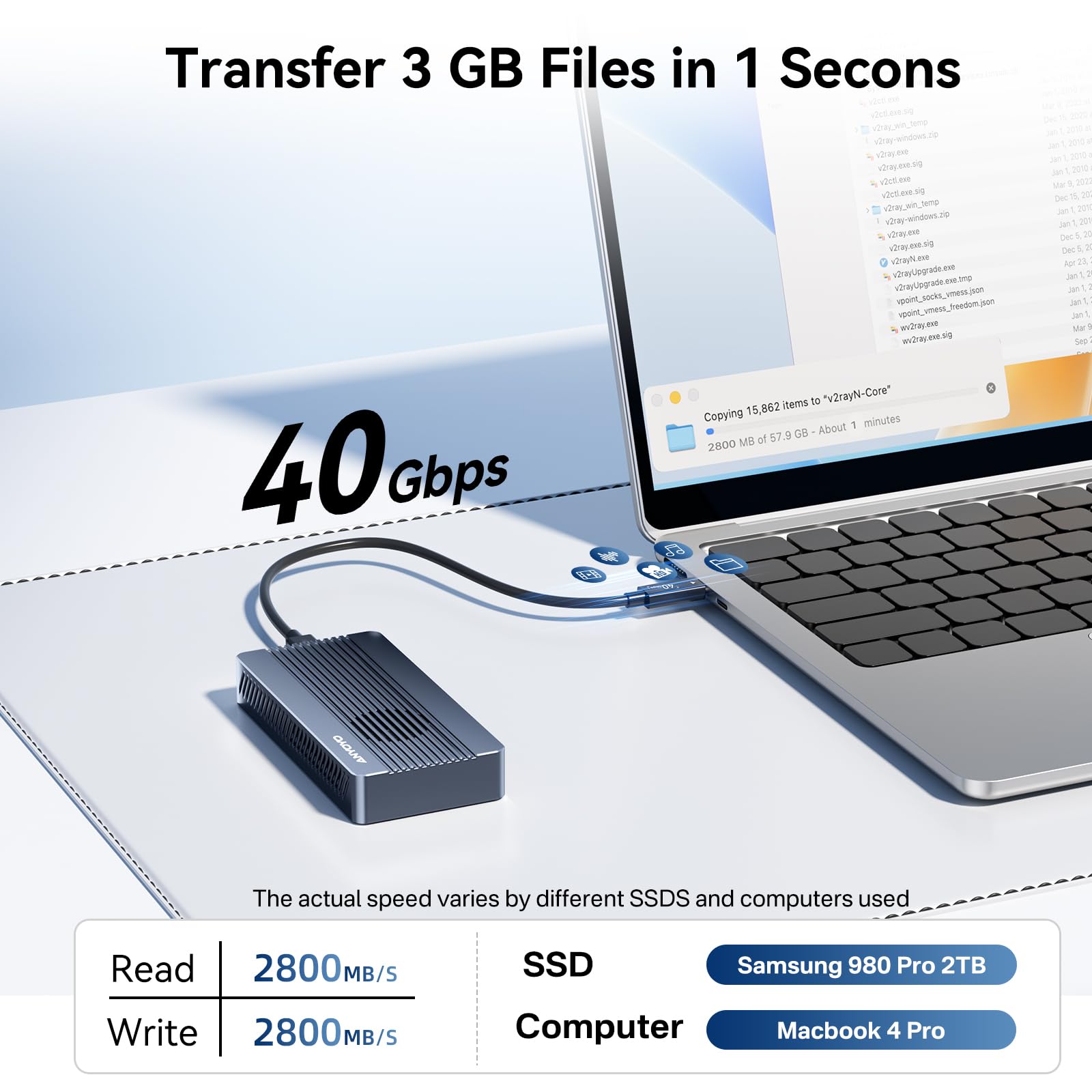 40Gbps M.2 NVMe SSD Gehäuse mit Lüfter, ANYOYO NVMe Gehäuse für Thunderbolt 4/3 kompatibel für PCIe 2280 M-Key (B+M Key), USB C Aluminium SSD Gehäuse kompatibel für USB 4/3,2/3,1/3,0/2,0(TBU405Pro M1)