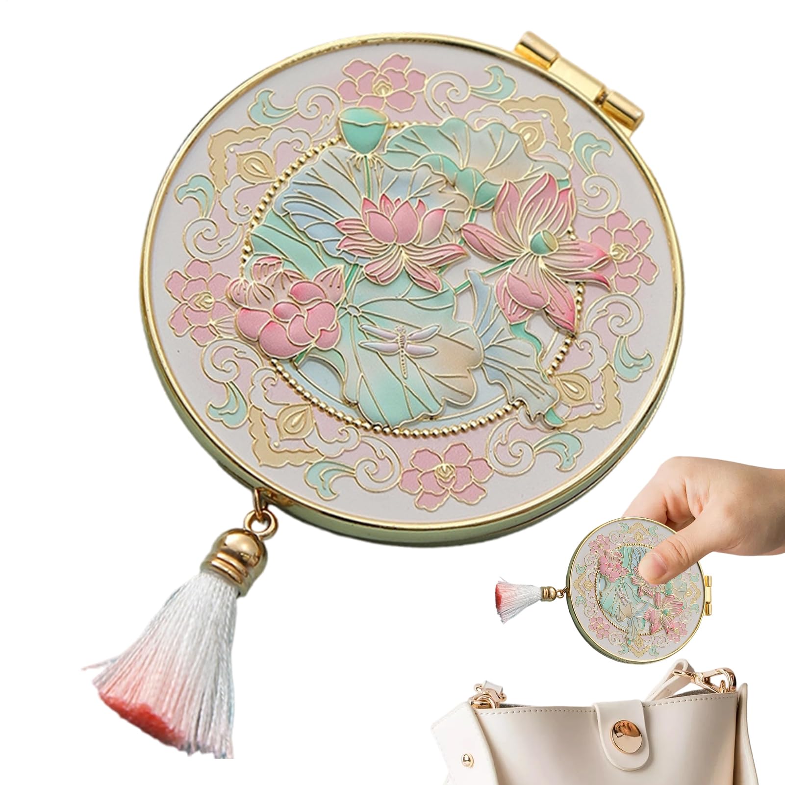 Espejo de mano plegable con función de fácil uso para retoques rápidos de maquillaje