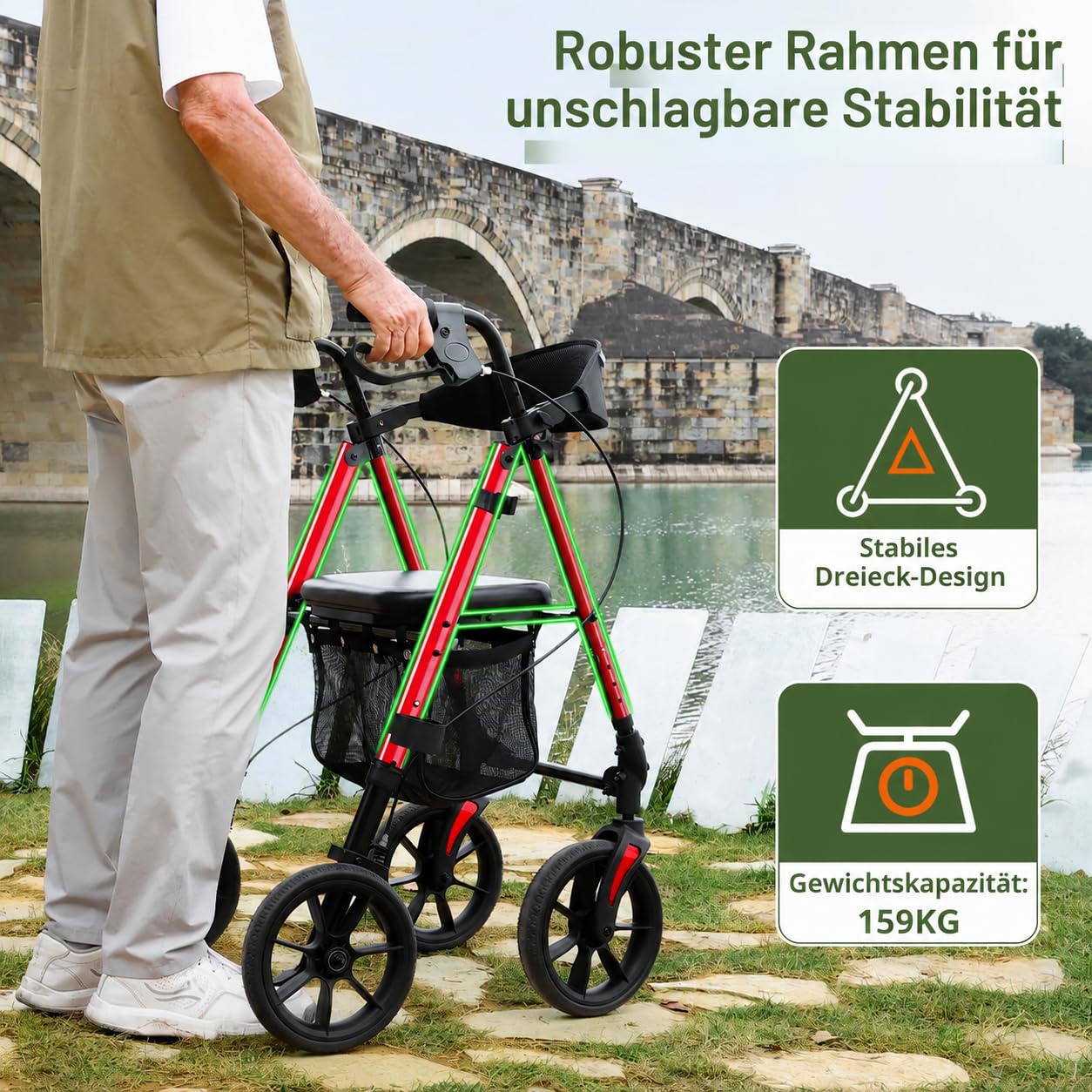 WALK MATE Rollator Faltbar und Leicht mit Sitz,bis 159kg belastbar | Rollator für die Wohnung Outdoor mit Rutschfeste Räder,höhenverstellbare Gehhilfe aus Aluminium inkl.Tasche und Stockhalter