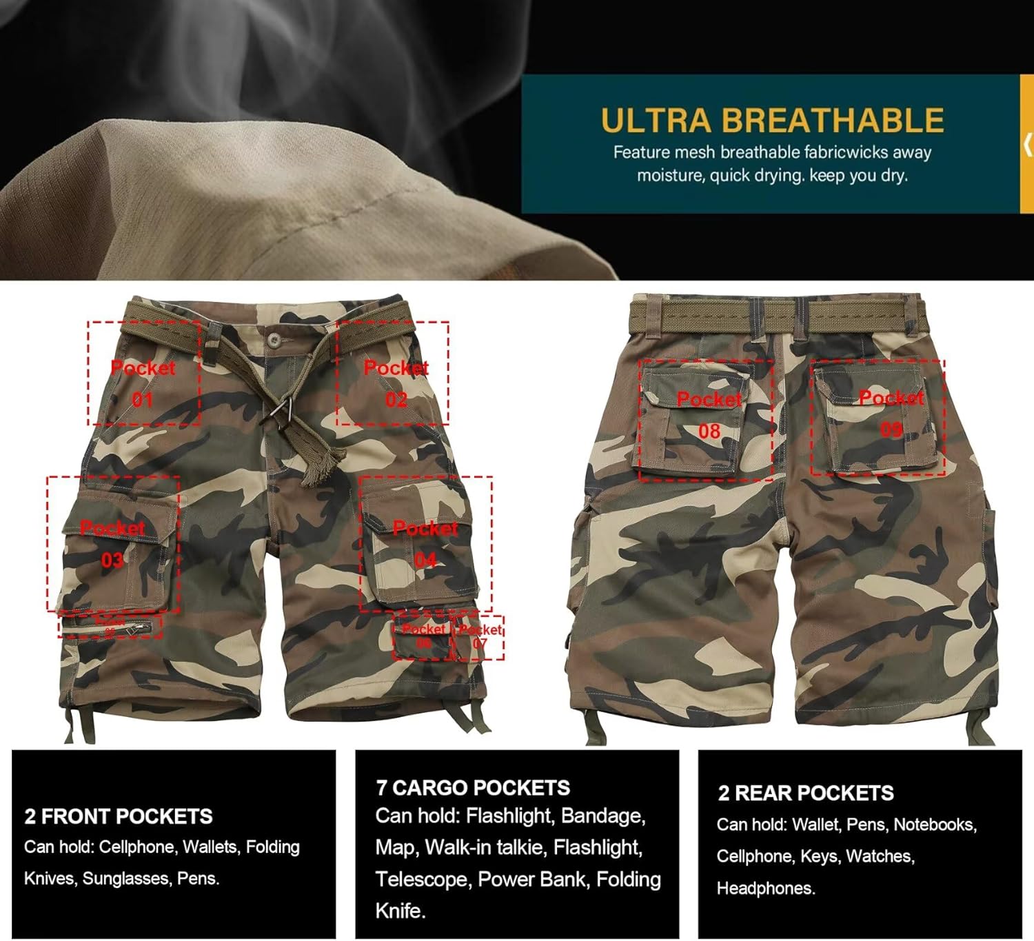 Cargo Short for Men, Camo Hiking Shorts, Relaxed Fit Casual Work Bermuda Shorts with Multi Pockets - Image 3