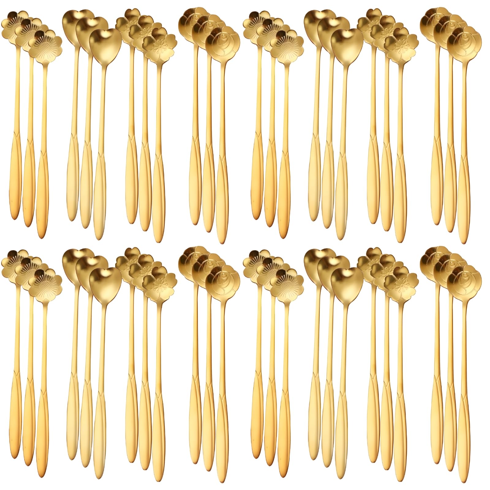 Lot de 80 cuillères à café en acier inoxydable plaqué or avec motif fleur de cerisier, quatre formes distinctes de tête de cuillère, manche court, parfait pour les desserts, le thé et les