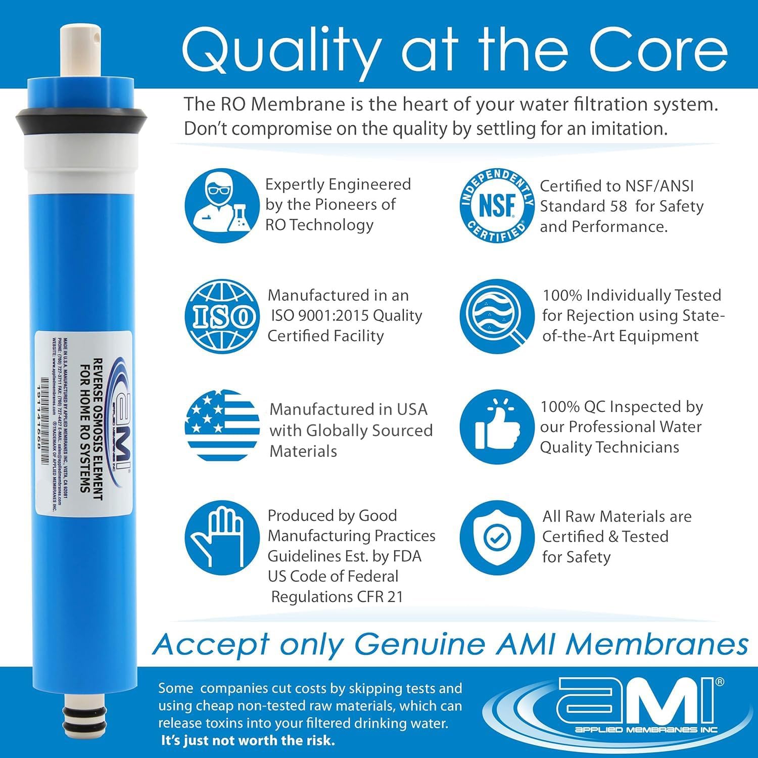 APPLIED MEMBRANES INC. 12 GPD Reverse Osmosis Membrane | RO Membrane Water Filter Replacement for Reverse Osmosis Water Filtration System | 1.5” x 12” Universal Compatibility | Made in USA
