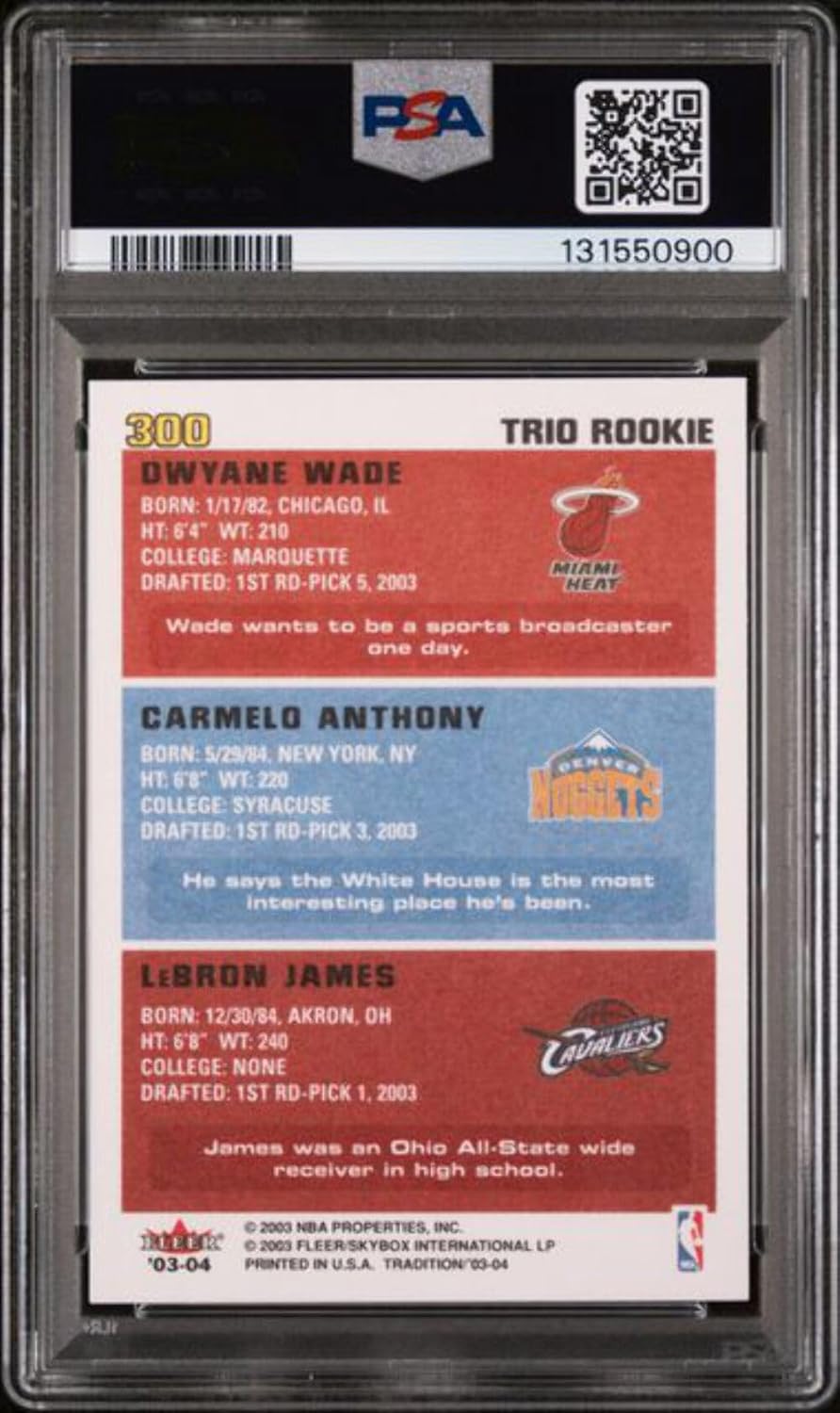 Graded 2003 Fleer Tradition LeBron James/Carmelo Anthony/Dwyane Wade #300 Rookie RC Basketball Card PSA 9 Mint