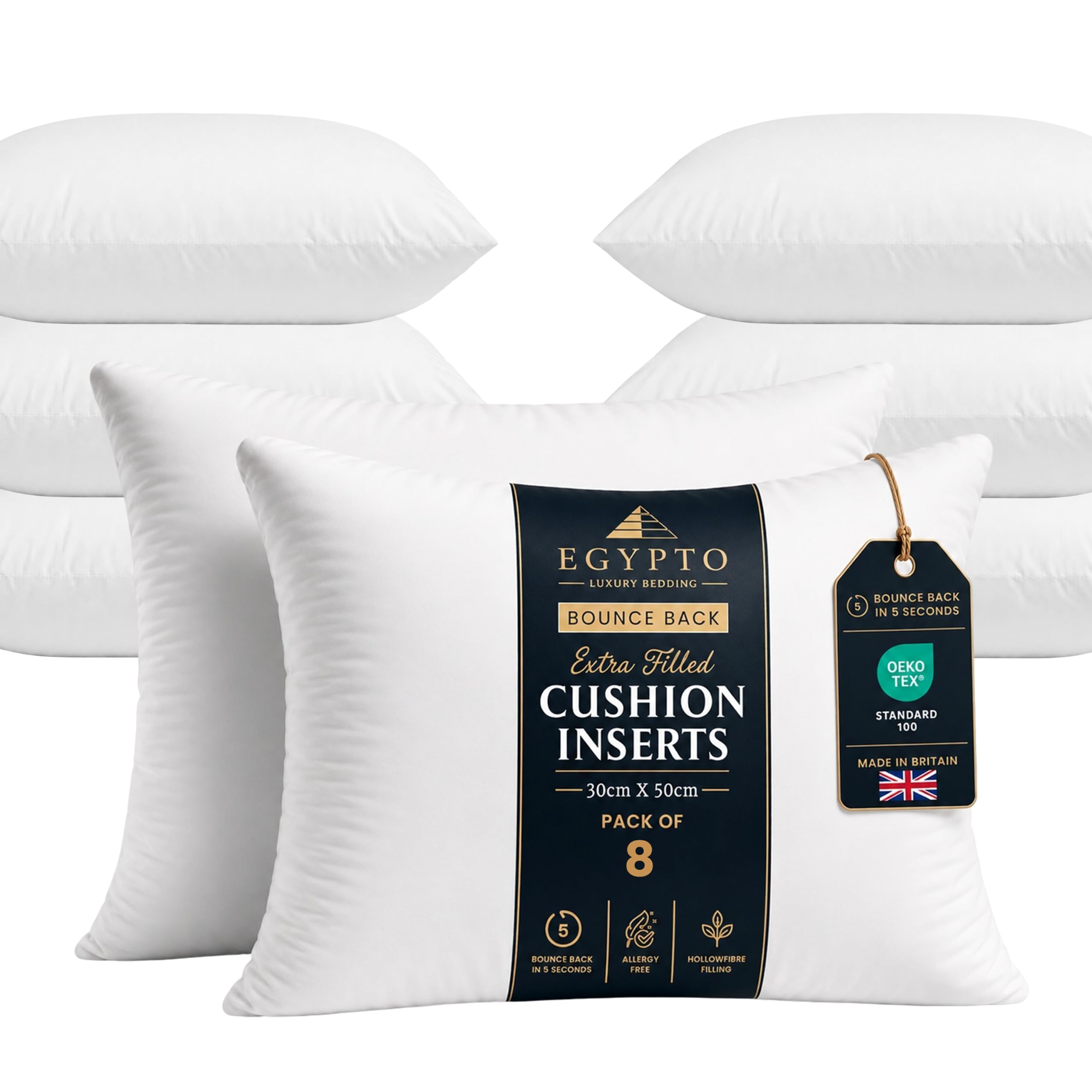 EGYPTO Pack of 8 Cushion Inserts 30cm x 50cm | Plump Bounce Back 12x20 Inch Cushion Pads | Hypoallergenic Sofa & Throw Pillows Inner | Made in UK