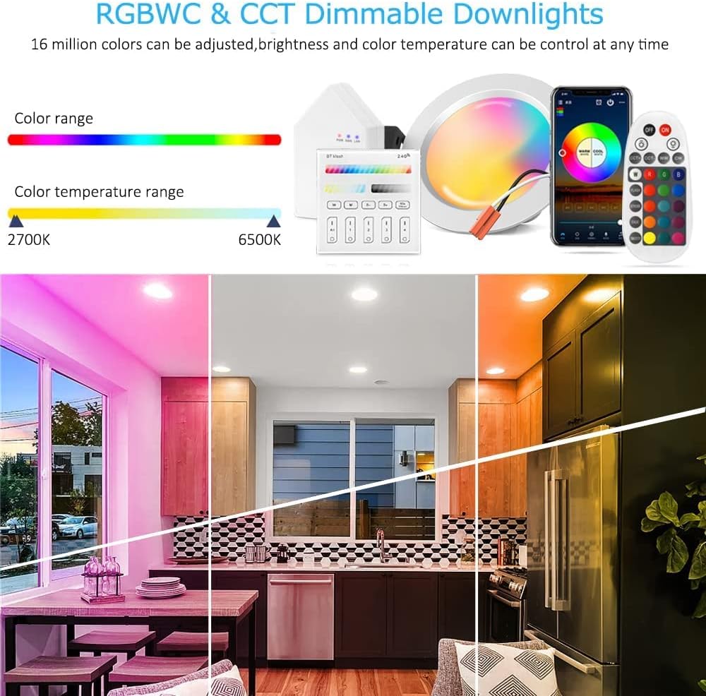 60% Off Discount Sumaote Smart Recessed Lighting 6 Inch 15W 1200Lm Both Wi-Fi & Bluetooth Controlled RGBWC LED Downlights Retrofit CCT 2700K - 6500K, Compatiable with Alexa/Google Assistant, 4 Pack