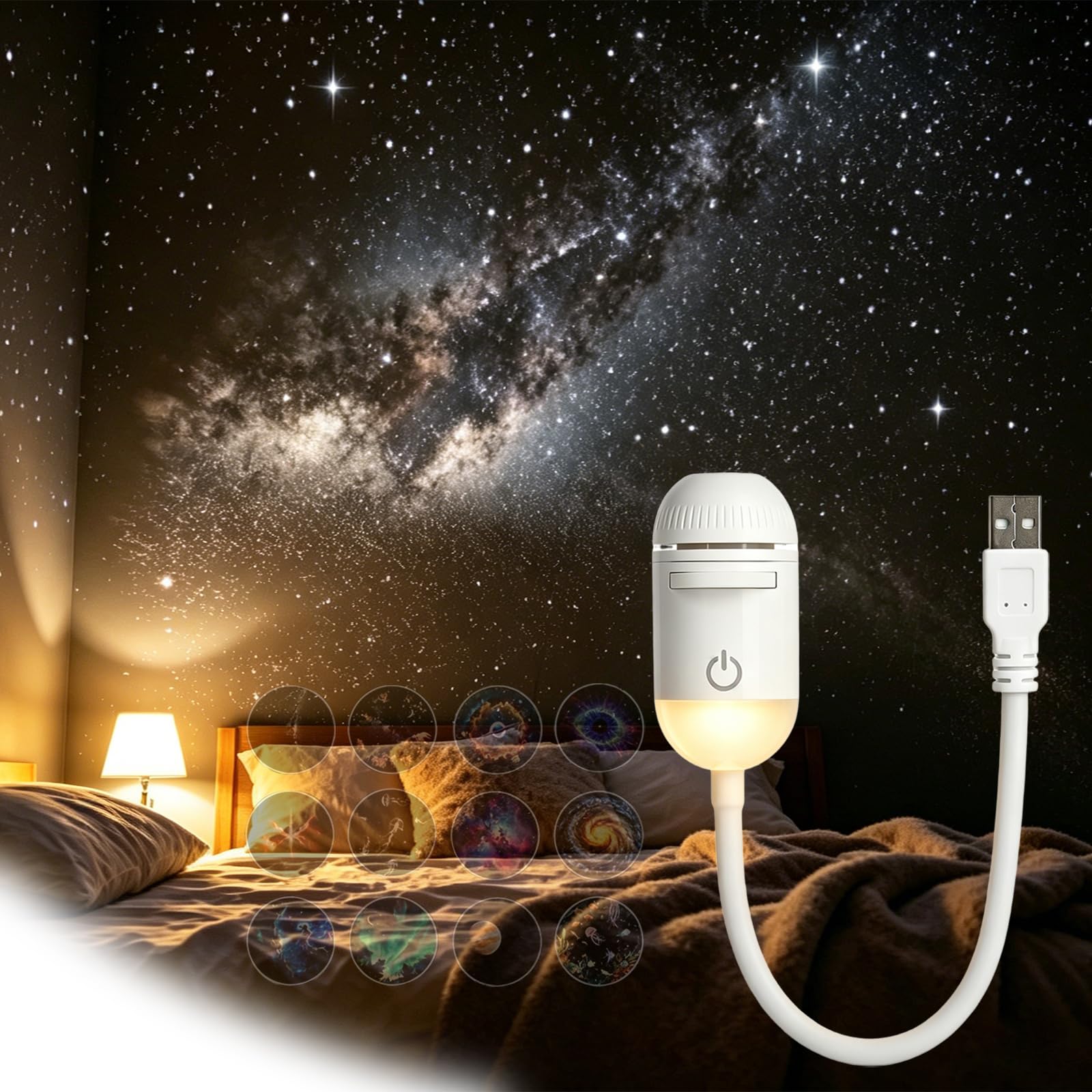 Galaxy Projector Night Light - 2 in 1 Star Projector with 12 Sliding Projection Films, 360° rotatable USB Galaxy Night Light Projector for Party/Bedroom/Car/Study Room