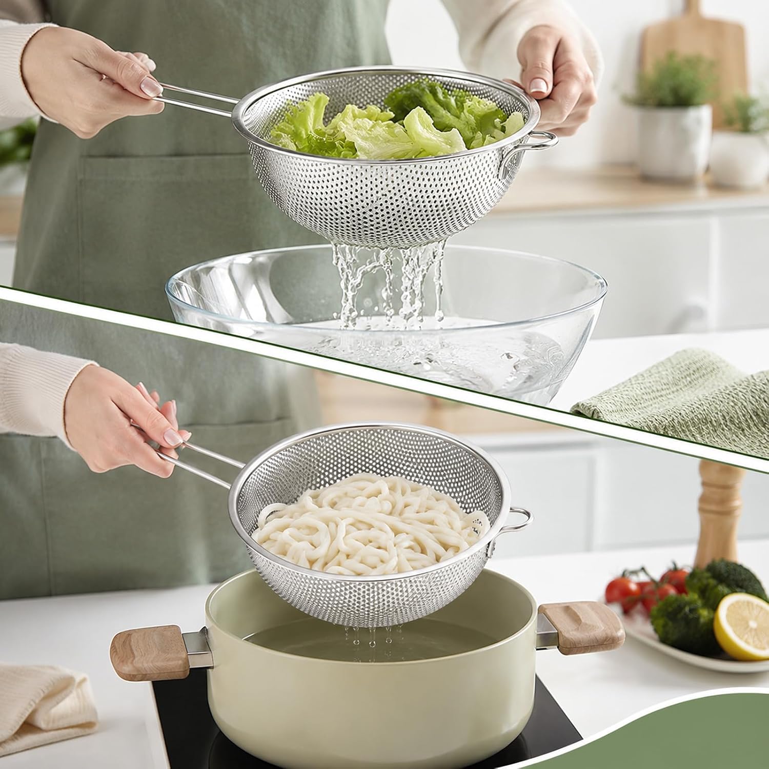 Stainless Steel Colander, Strainer with Handle Fine Mesh Strainer Large Metal Colander for Kitchen, Pasta, Spaghetti, Vegetables & Fruits, Diameter 8.86 Inch Silver
