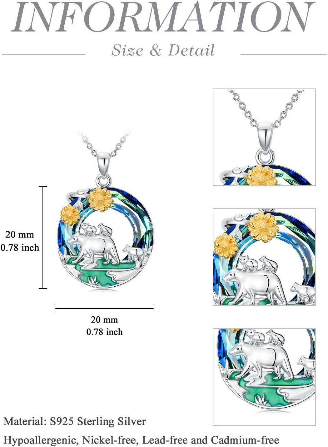 TOUPOP Sterling Silver Mama Bear 2-4 Cubs Family Jewelry for Women with Sunflower Gifts for Mother Daughter Birthday Mothers Day Gifts, 18+2 Chain - Image 4