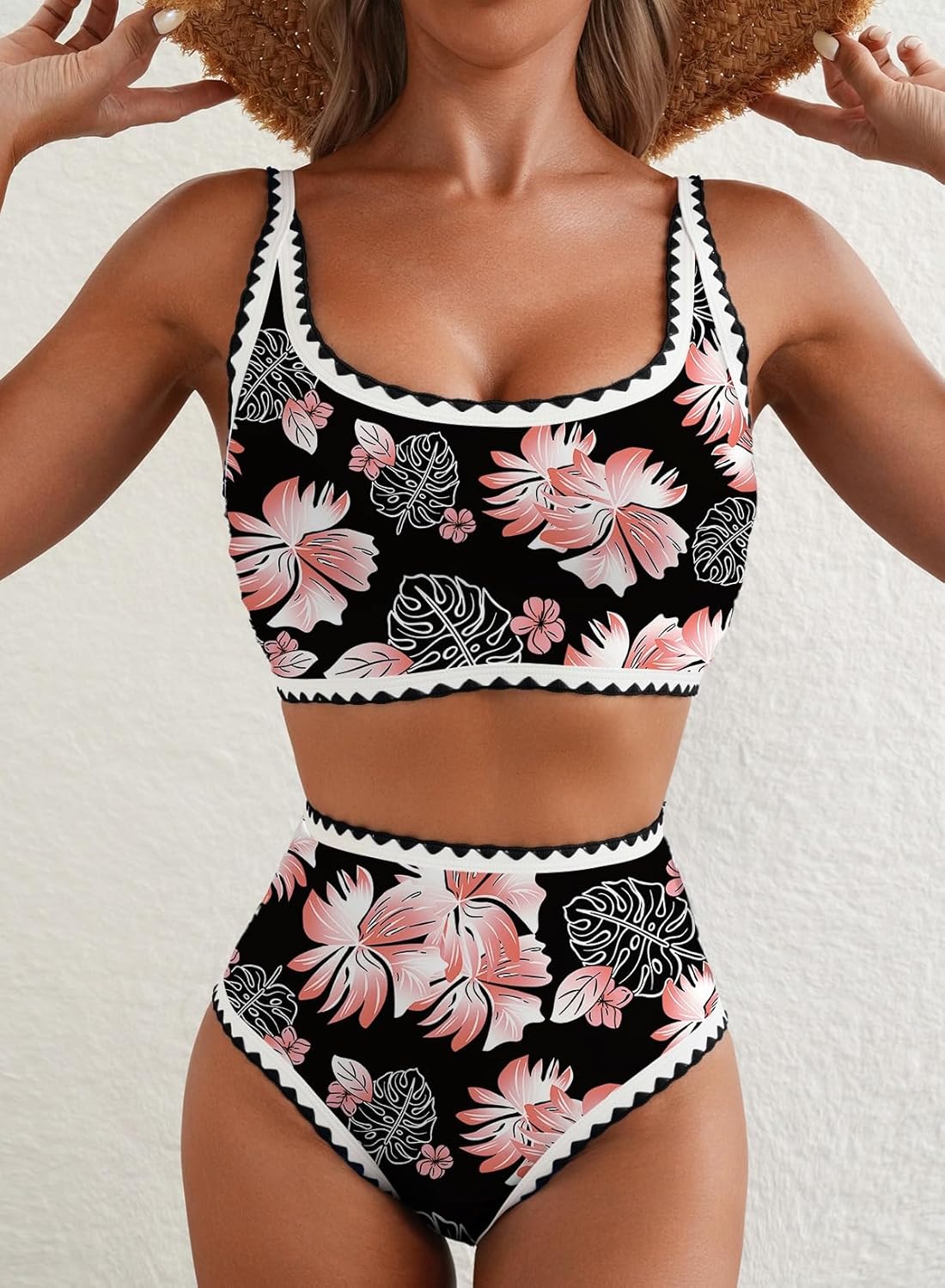 Herseas Women's Bikini Sets Floral Print Whip Stitch 2 Piece Swimsuits High Waisted Scoop Bathing Suits