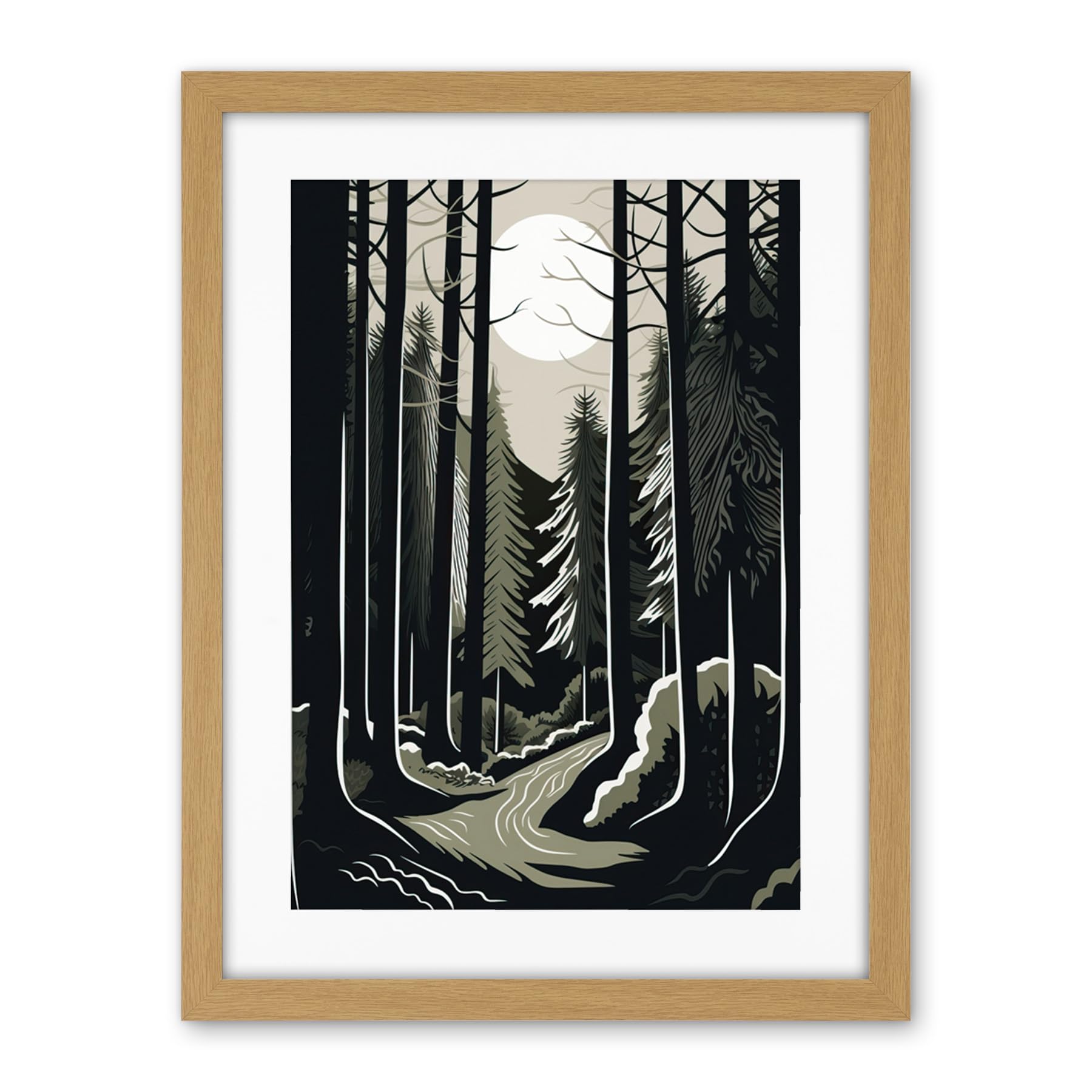 Artery8 Full Moon Night at Pine Forest Landscape Linocut Artwork Framed Wall Art Print 18X24 Inch
