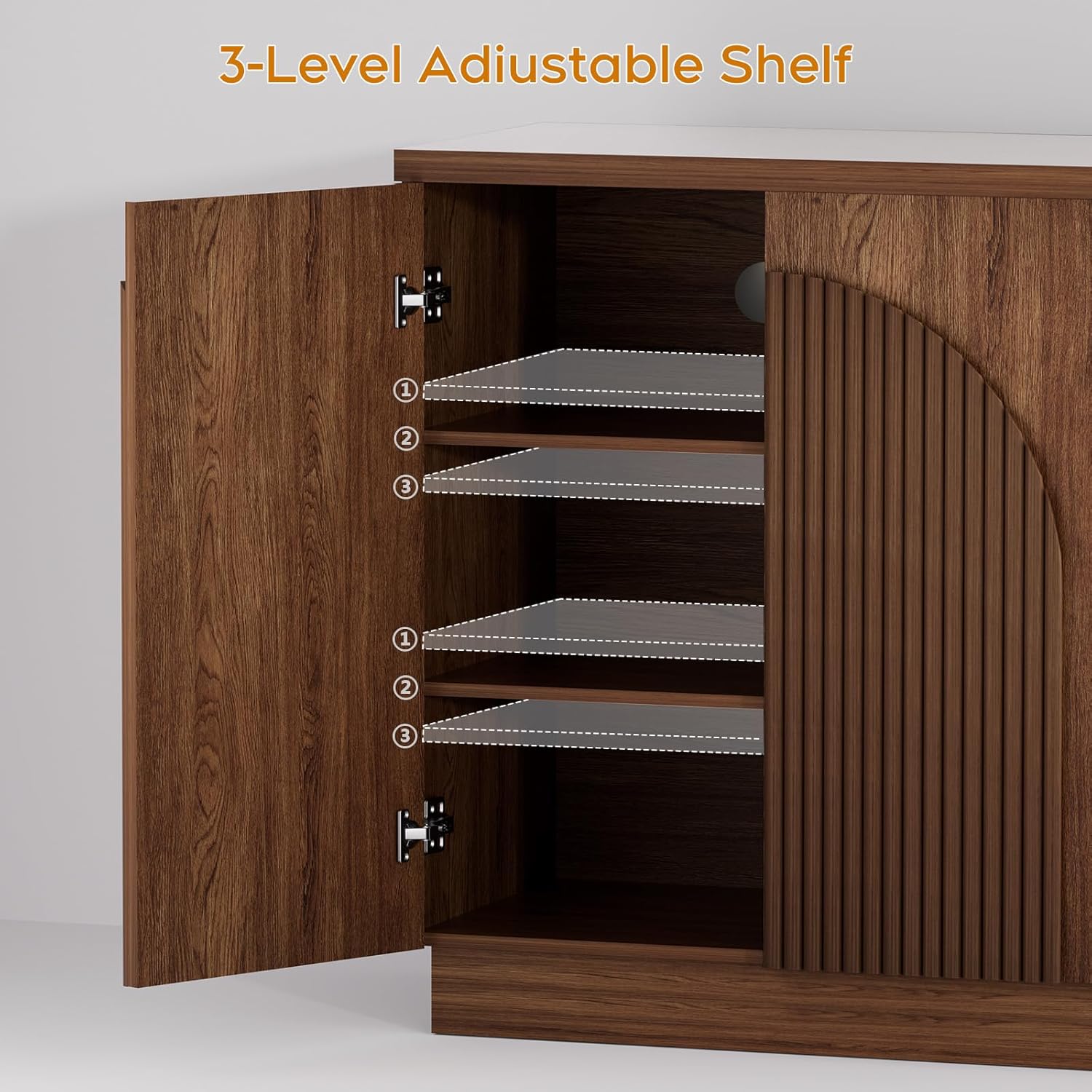 Yechen Walnut Fluted Sideboard Buffet Cabinet with Arched Reeded Design Doors, Mid Century Modern Credenza Storage Cabinet with 2 Adjustable Shelves Inside, for Living Room Kitchen Dinning(2PCS) Walnut 2 Pieces