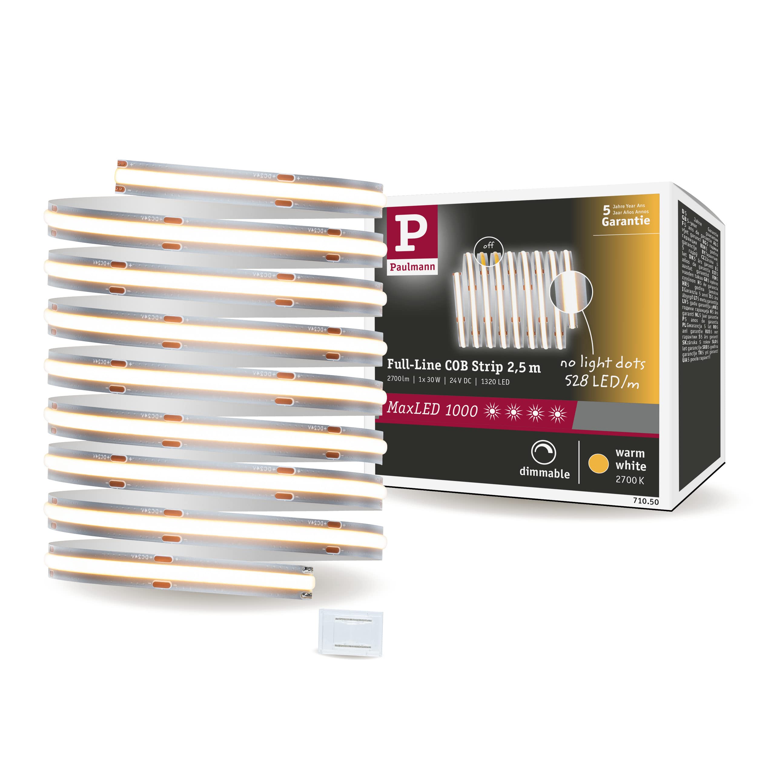 Paulmann 71050 MaxLED 1000 Strip LED Full-Line COB 2,5m - 30W 2700lm 528 LED/m 2700K - Bianco Caldo Dimmerabile - Fascia LED Senza Punti Luce Per Casa