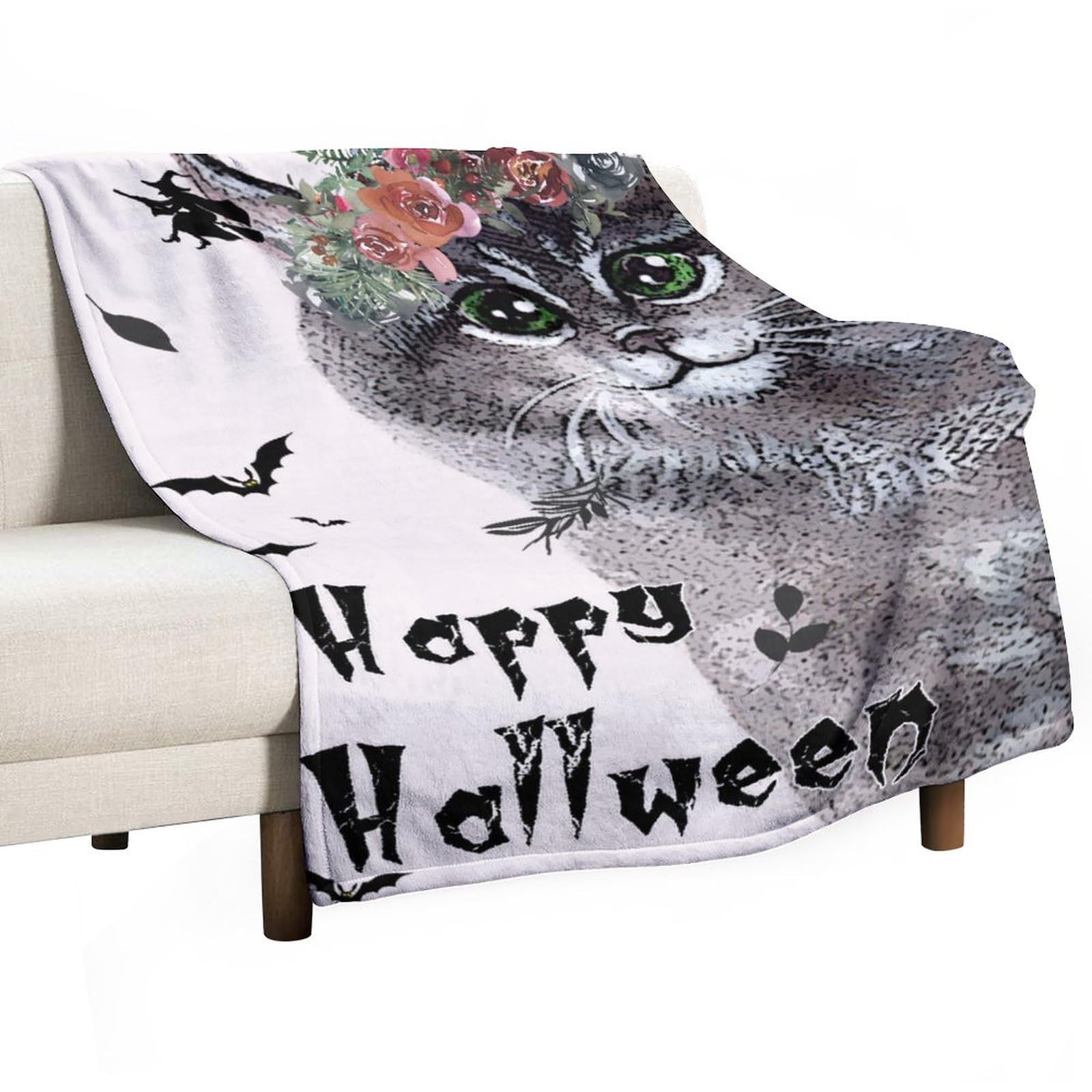 Couverture de lit polaire Halloween chat noir et citrouille plaid doux de 102x127 cm pour enfant